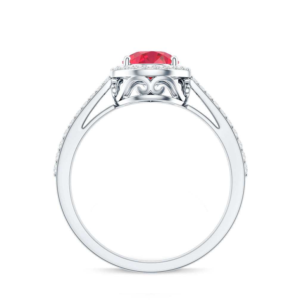 Pear Shape Lab Grown Ruby Teardrop Engagement Ring with Diamond Halo