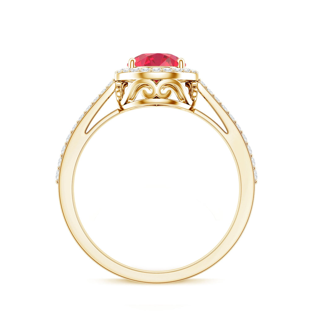 Pear Shape Lab Grown Ruby Teardrop Engagement Ring with Diamond Halo