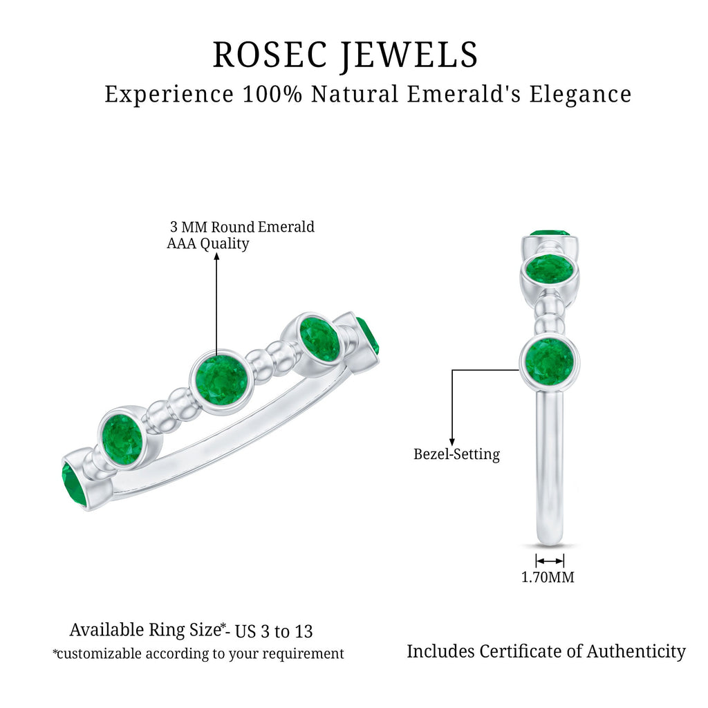 Bezel Set Emerald Half Eternity Ring with Beaded Design