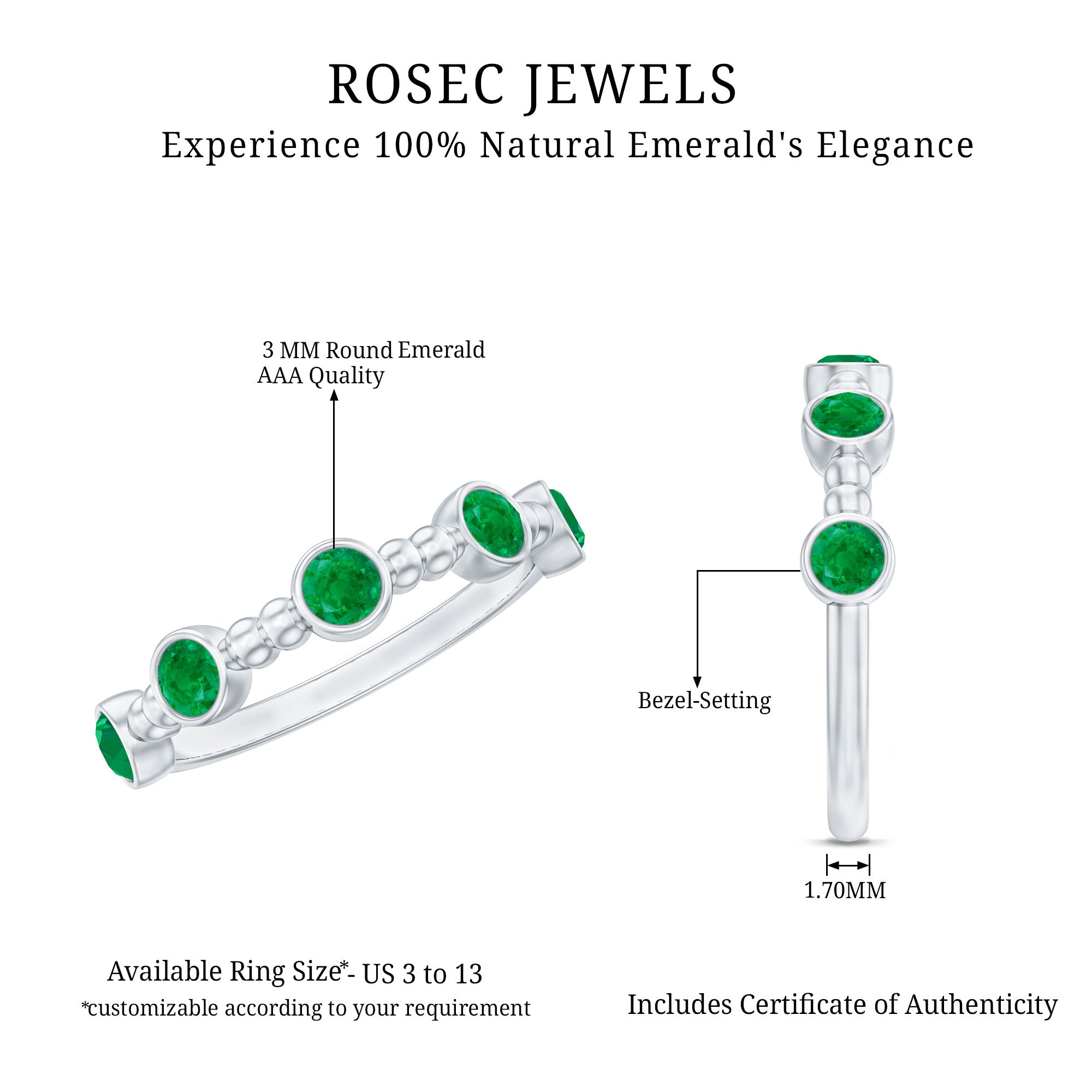 Bezel Set Emerald Half Eternity Ring with Beaded Design