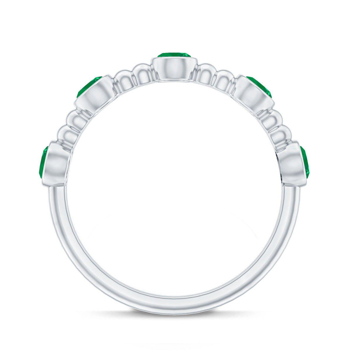 Bezel Set Emerald Half Eternity Ring with Beaded Design