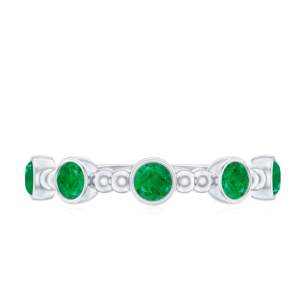 Bezel Set Emerald Half Eternity Ring with Beaded Design