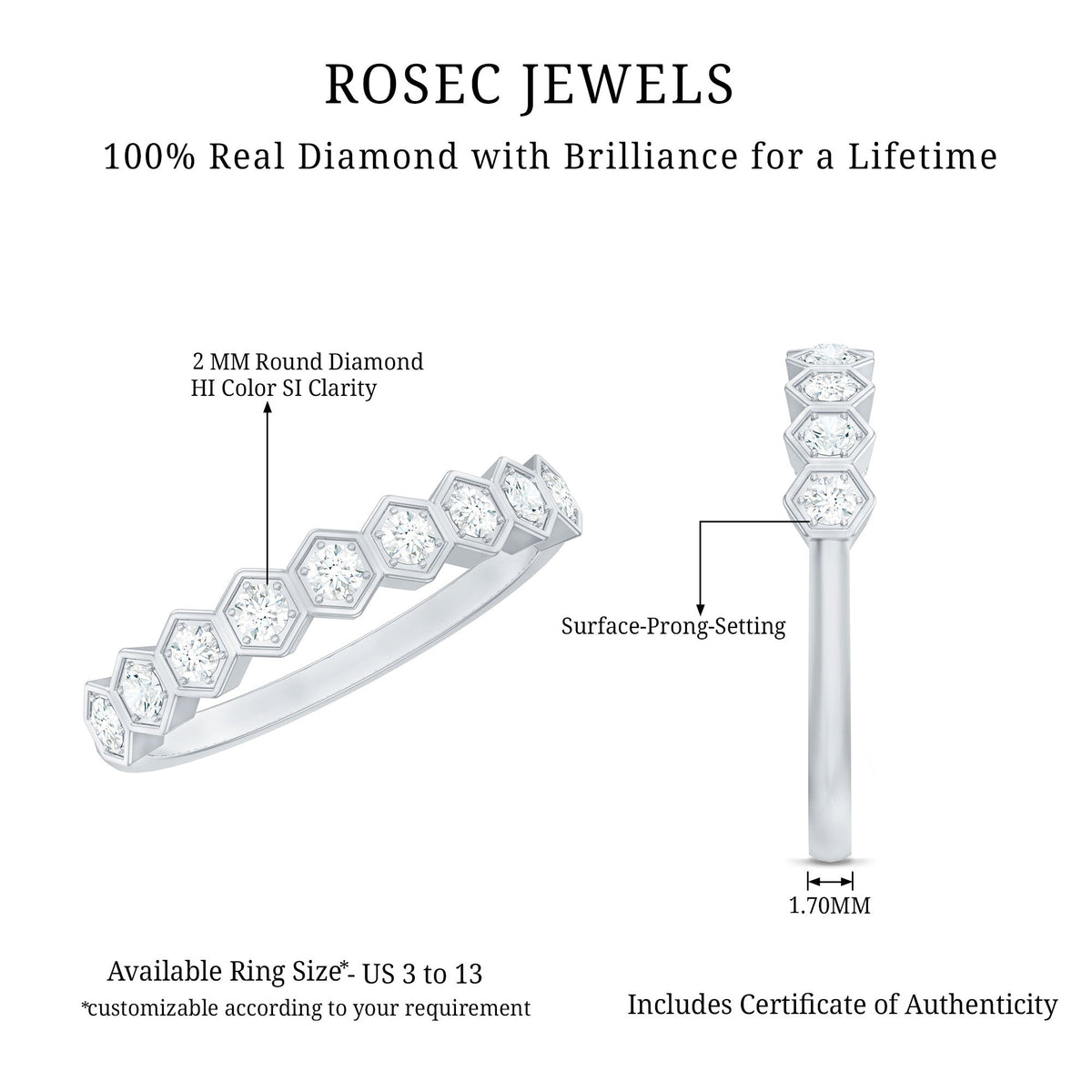 Real Diamond Hexagon Half Eternity Ring for Women