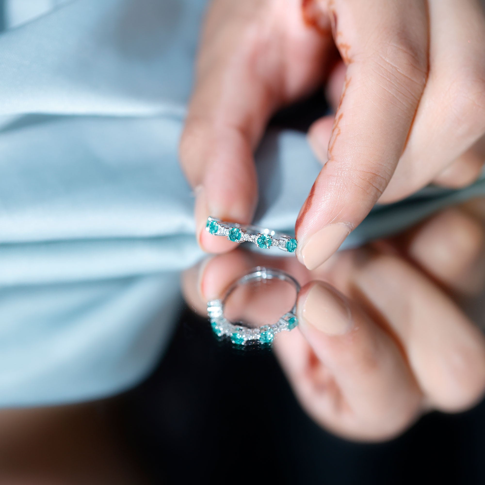 Real Emerald and Diamond Half Eternity Wedding Band Ring