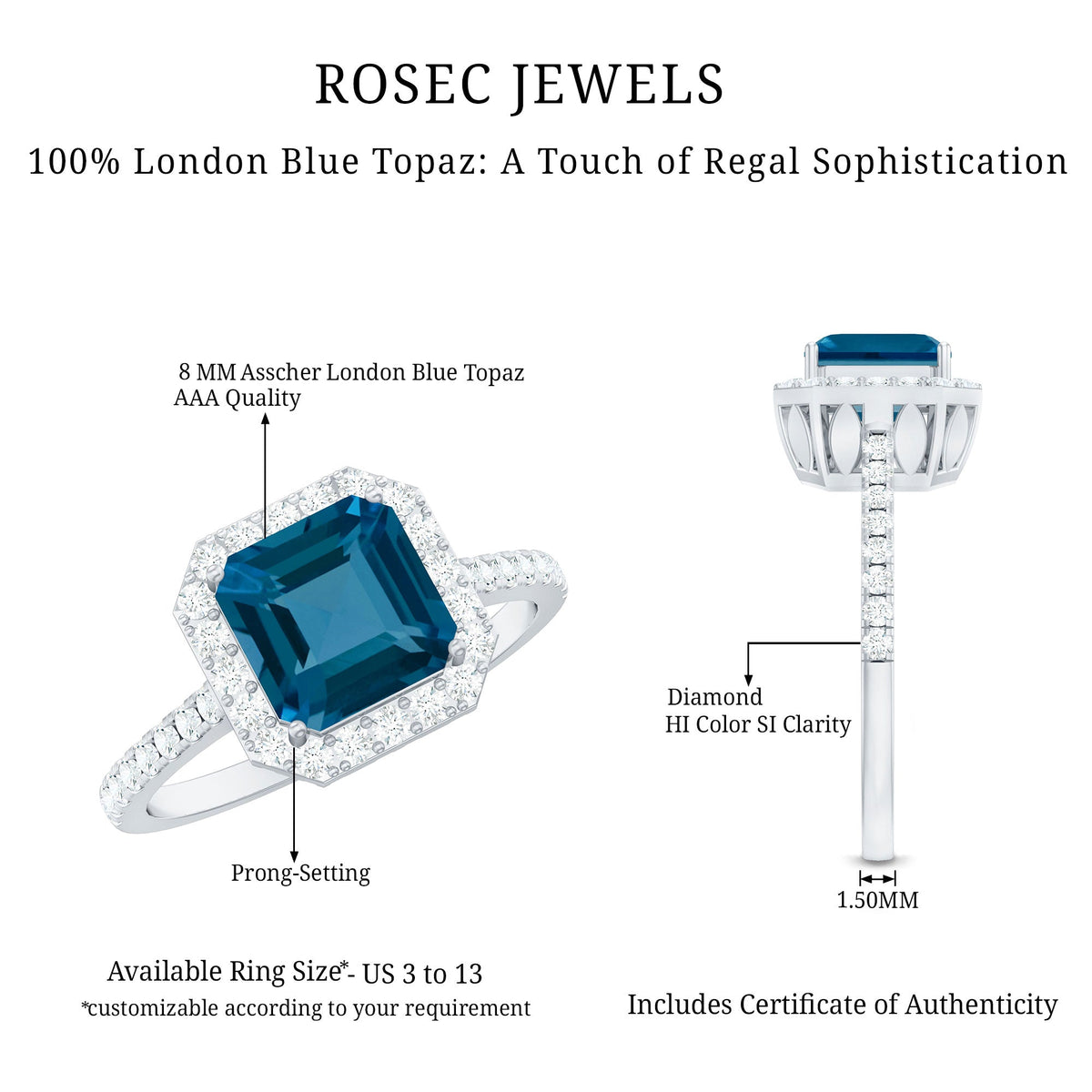 Real 3 Carat London Blue Topaz Asscher Cut Engagement Ring with Diamond