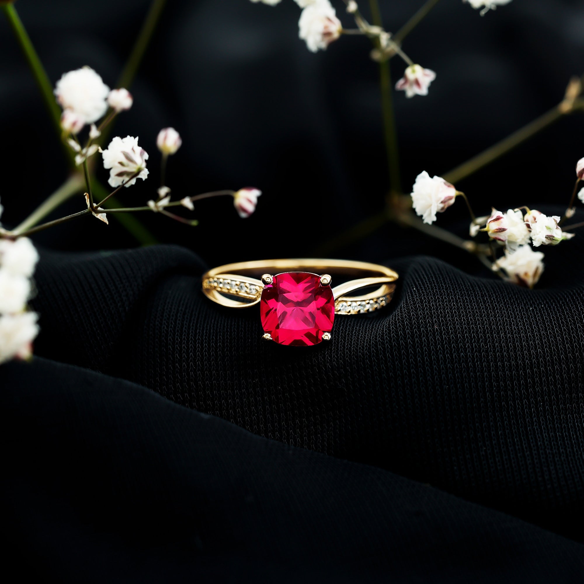 Cushion Cut Solitaire Lab Grown Ruby Infinity Engagement Ring with Diamond
