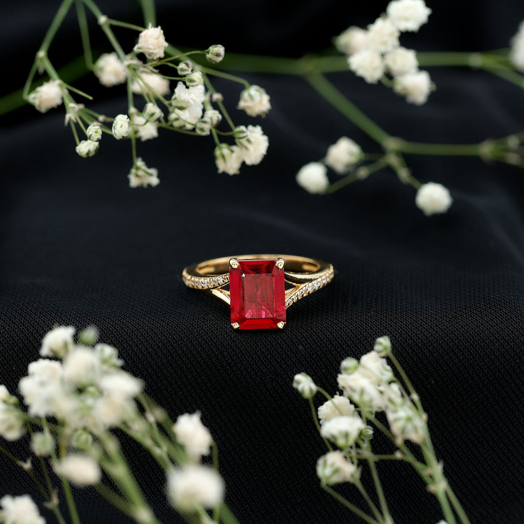 2 Carat Lab Grown Ruby Emerald Cut Engagement Ring with Split Shank
