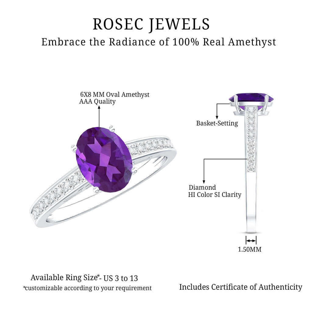 Real 1 Carat Oval Amethyst Solitaire Engagement Ring with Diamond