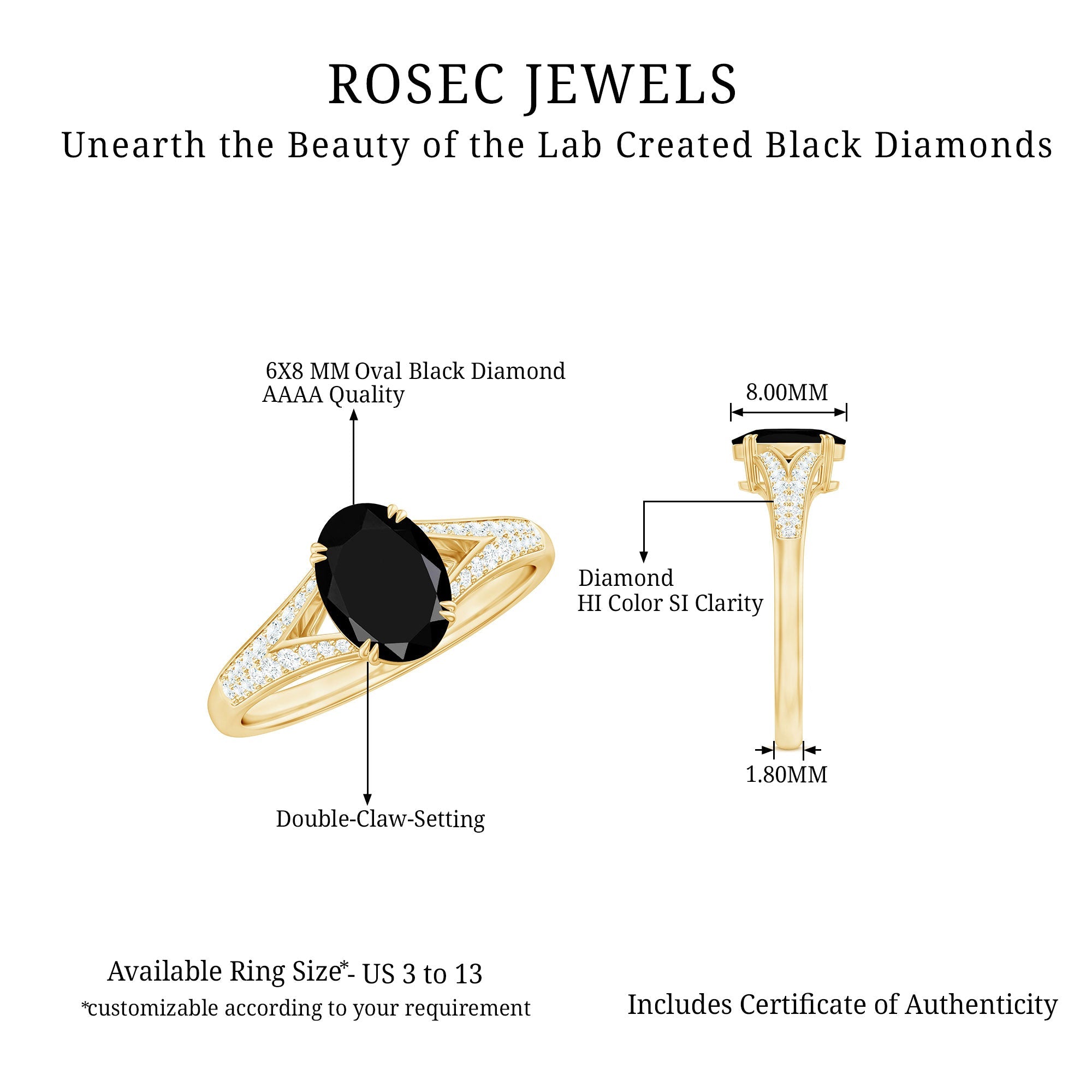 1.9 Carat Oval Lab Grown Black and White Diamond Engagement Ring with Split Shank