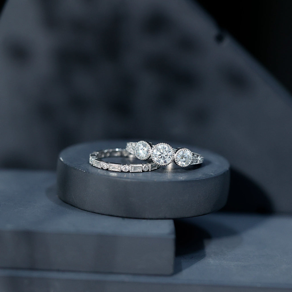 Vintage Inspired Moissanite 3 Stone Wedding Ring Set