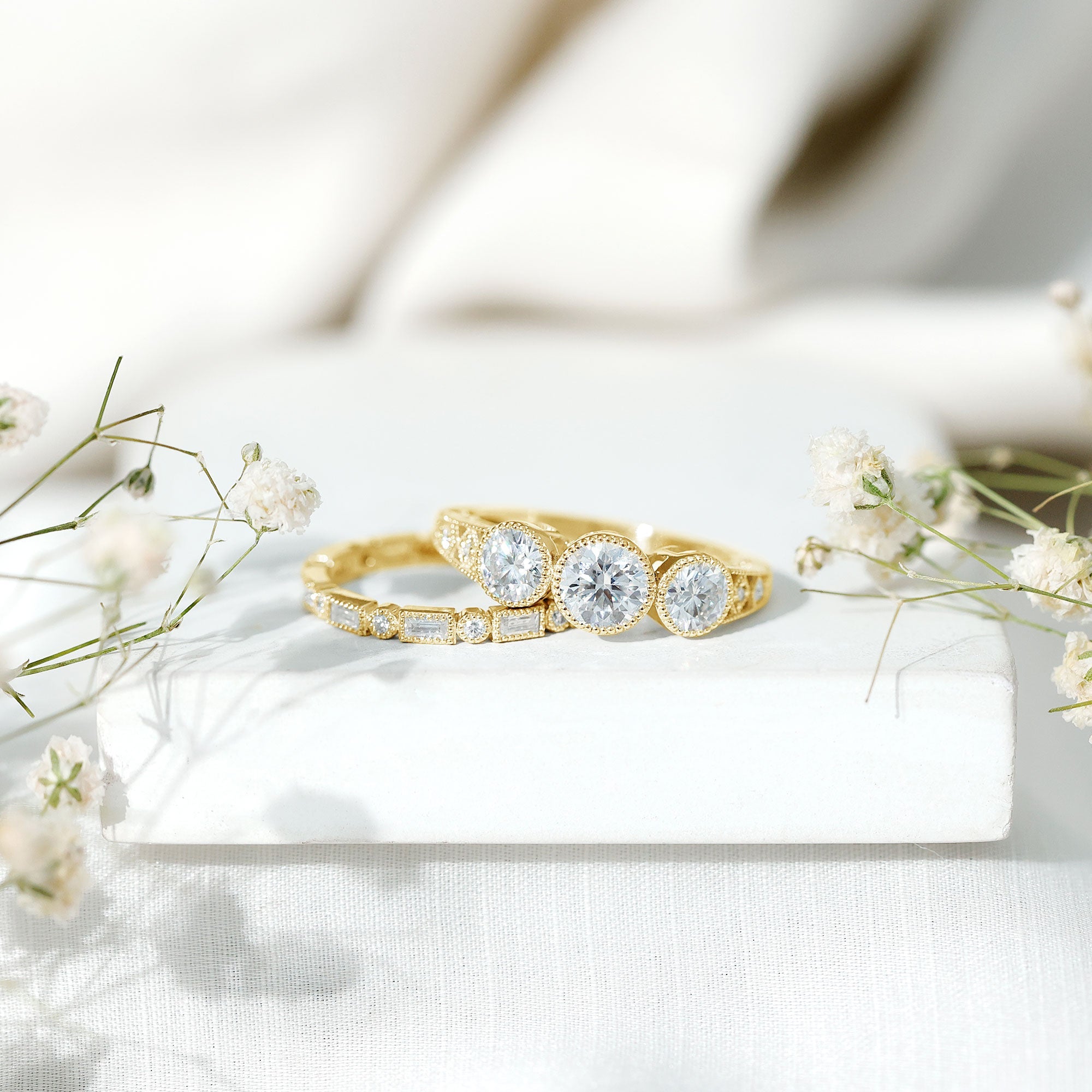 Vintage Inspired Moissanite 3 Stone Wedding Ring Set