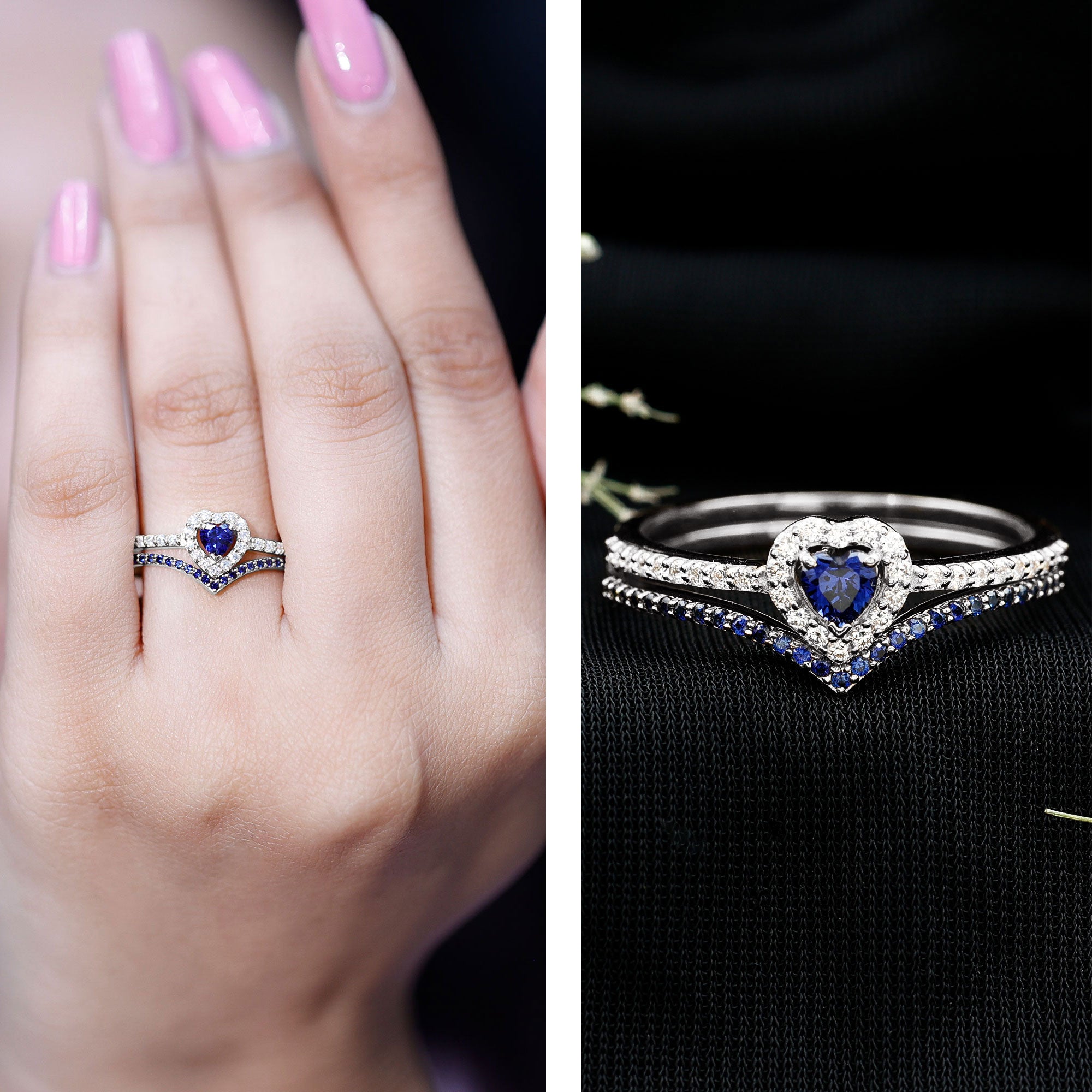 Certified Lab Grown Blue Sapphire Heart Engagement Ring Set with Real Diamond