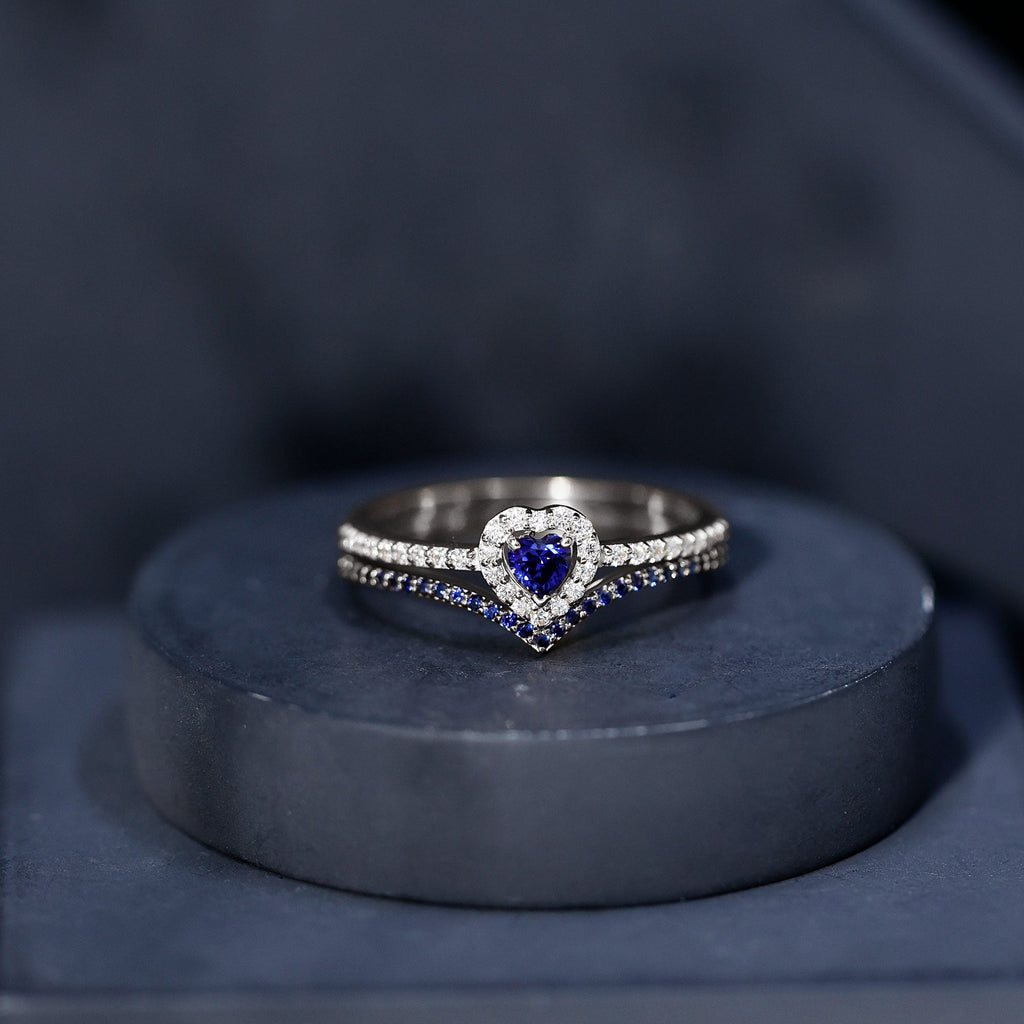 Certified Lab Grown Blue Sapphire Heart Engagement Ring Set with Real Diamond