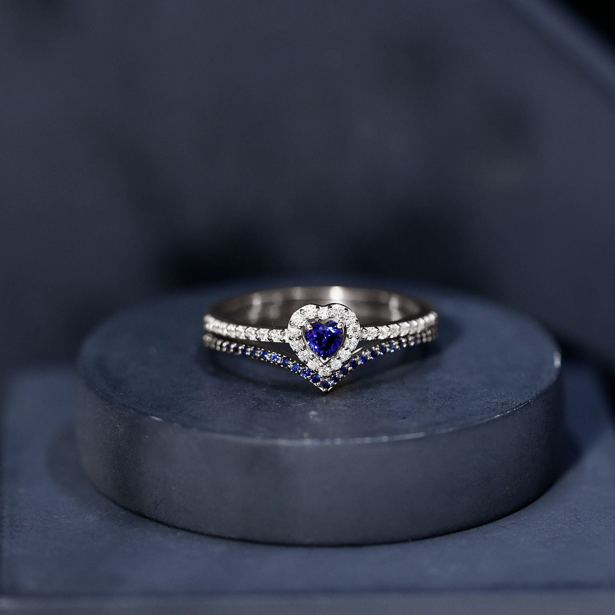 Certified Lab Grown Blue Sapphire Heart Engagement Ring Set with Real Diamond
