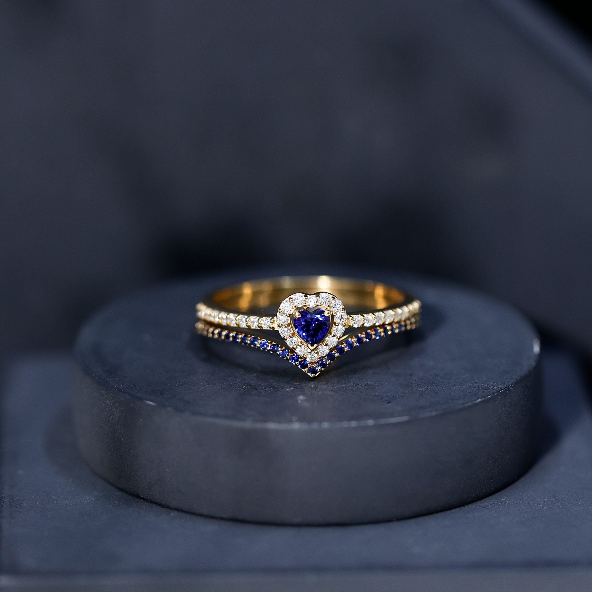 Certified Lab Grown Blue Sapphire Heart Engagement Ring Set with Real Diamond