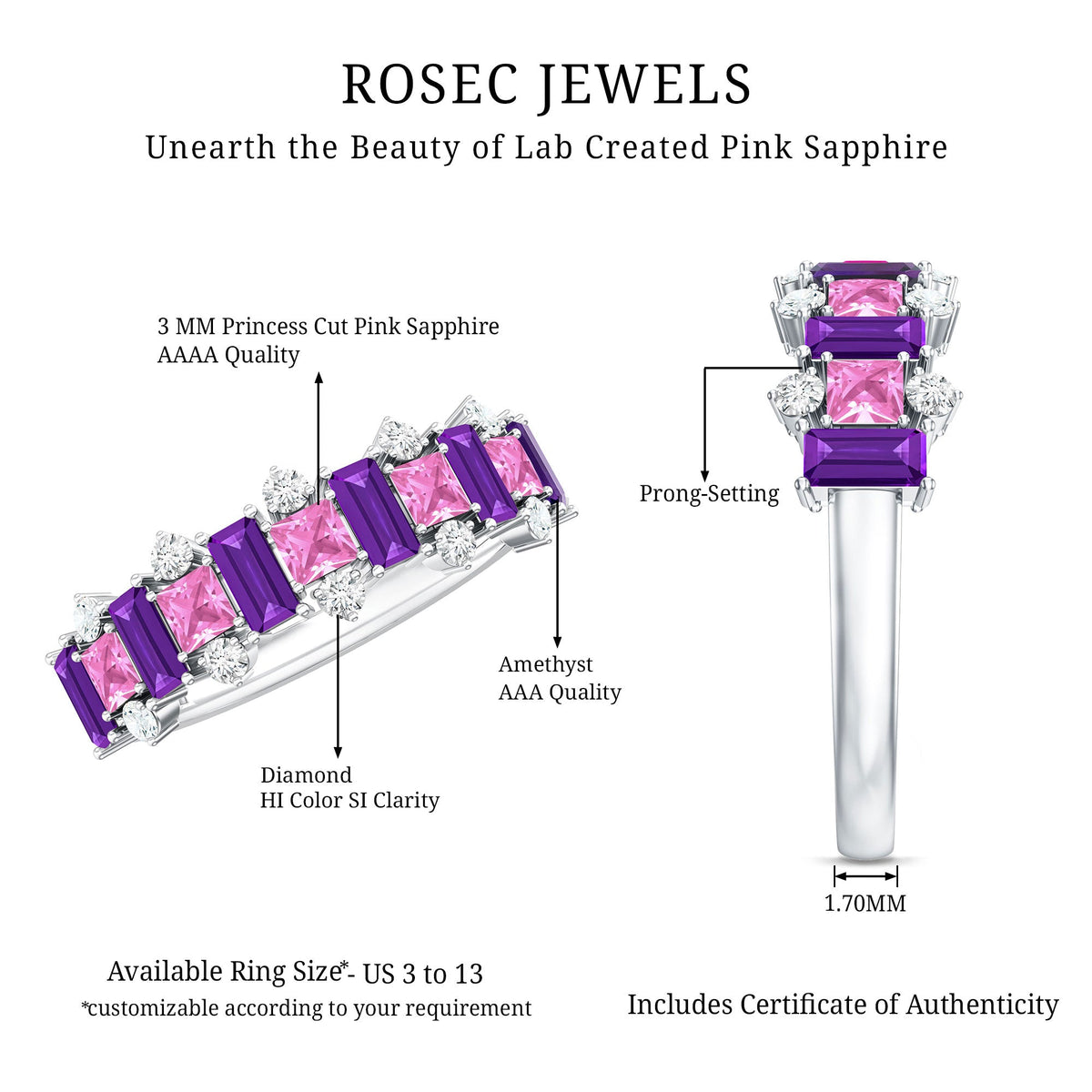 Lab Created Pink Sapphire and Amethyst Half Eternity Band with Diamond