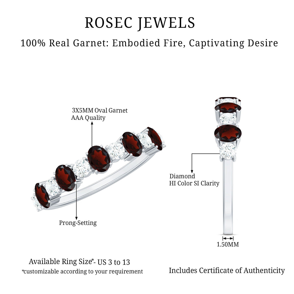 Certified Real Garnet Diamond Half Eternity Ring for Anniversary