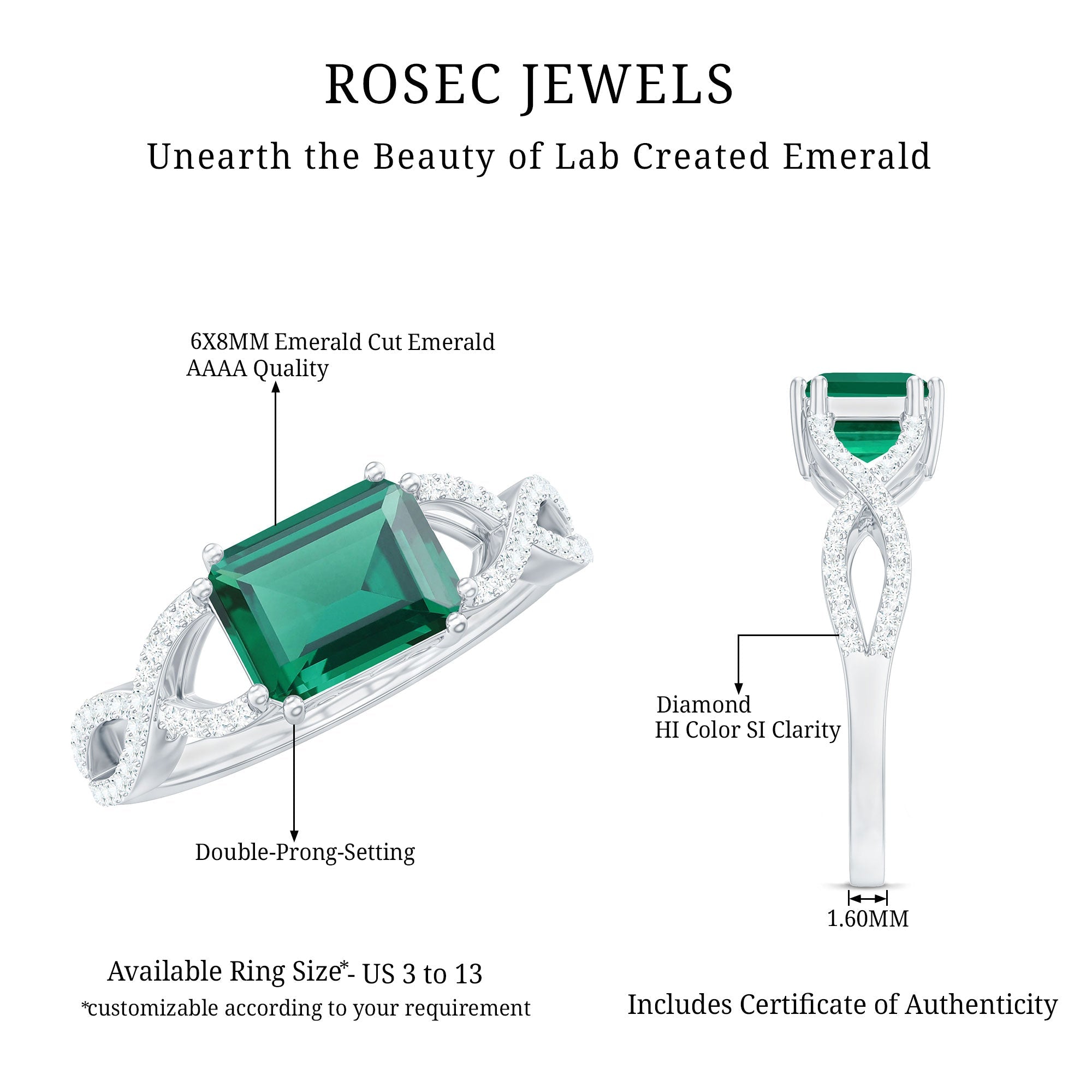 East West Style Lab Grown Emerald Cut Emerald Engagement Ring with Diamond