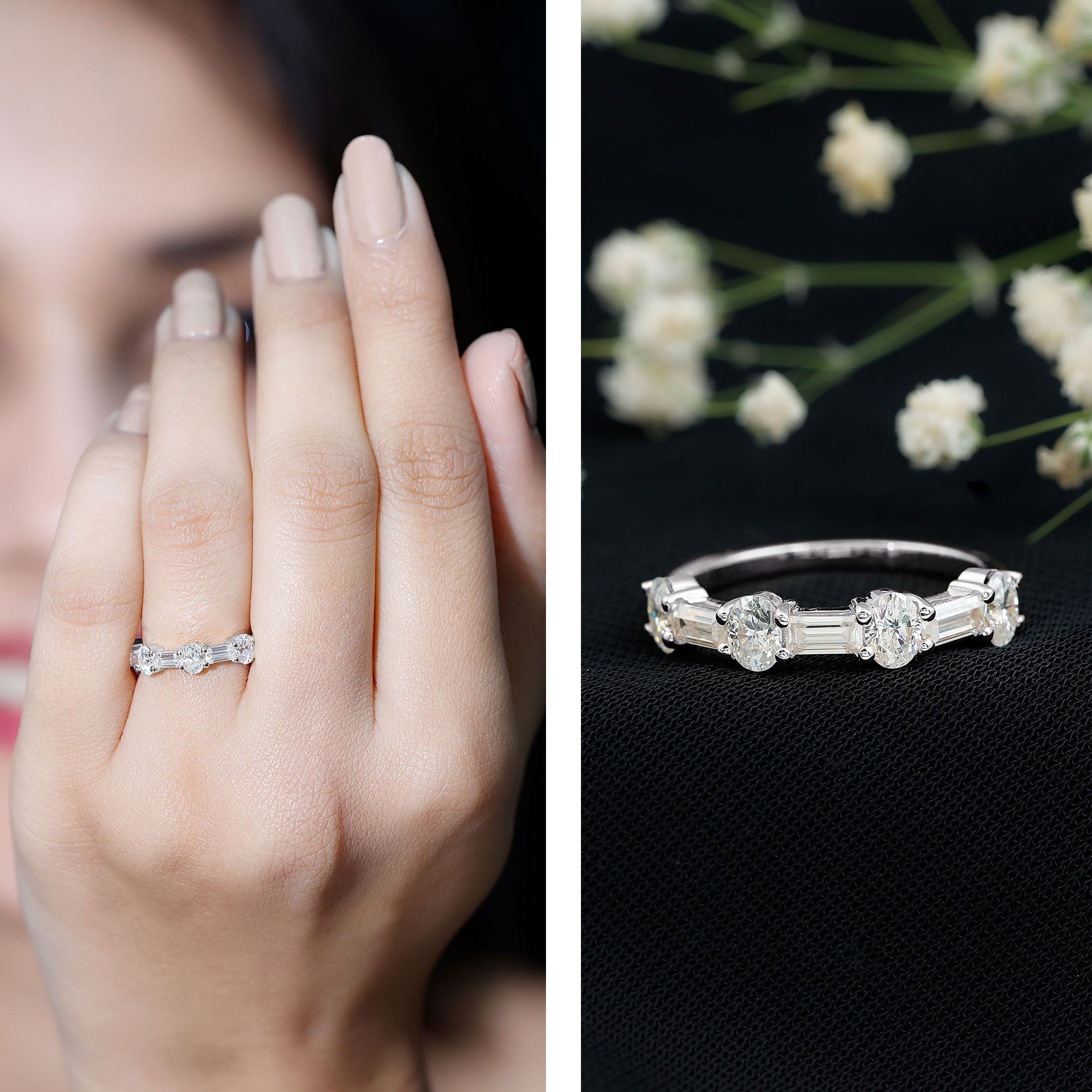 Oval and Baguette Cut Moissanite Half Eternity Ring