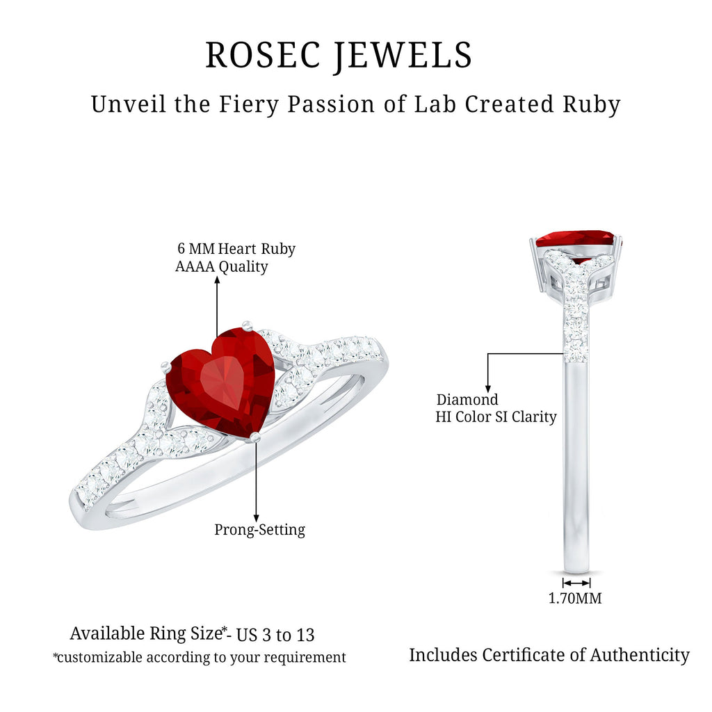 Heart Shape Lab Grown Ruby Engagement Ring with Diamond
