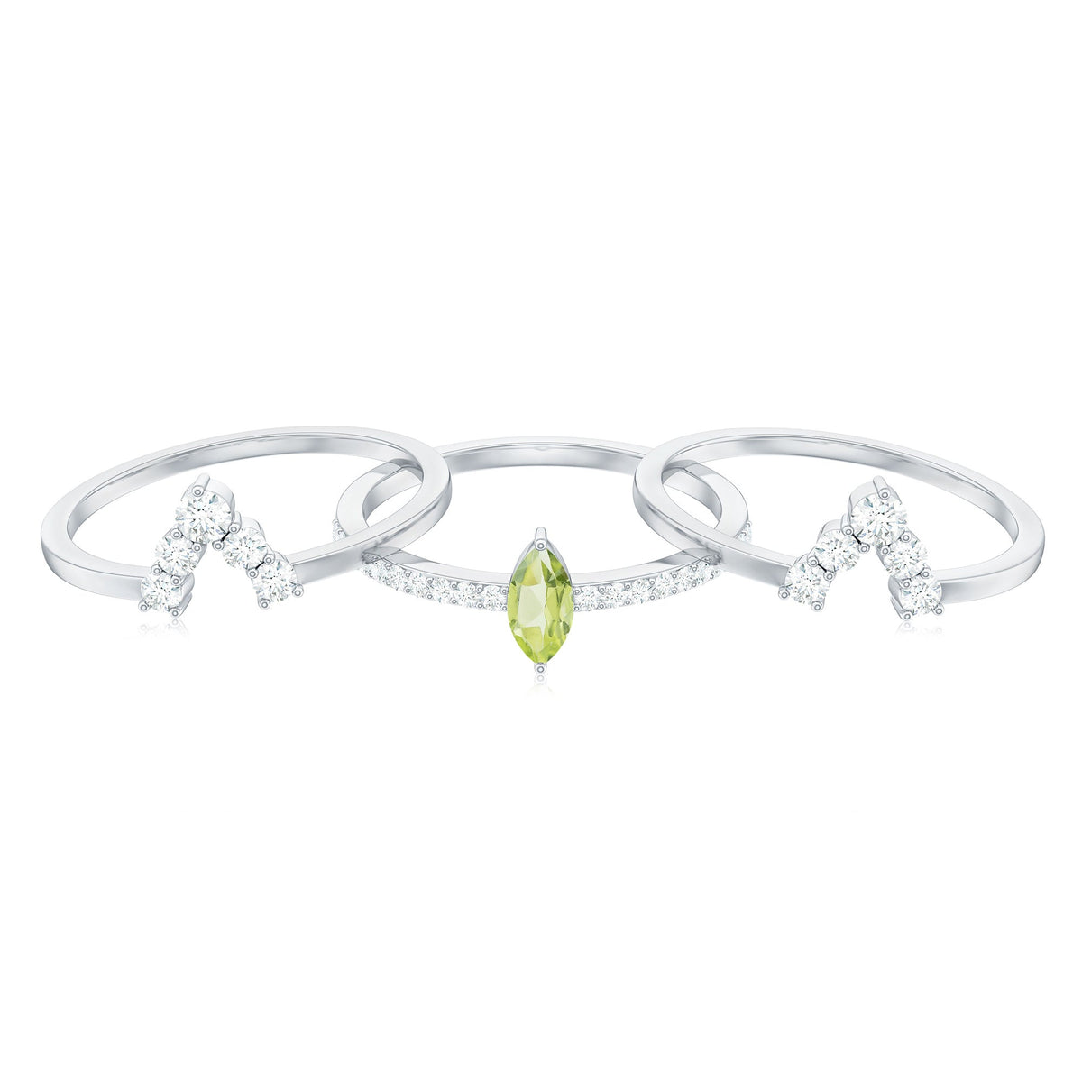 Marquise Cut Peridot Solitaire Trio Ring Set with Moissanite