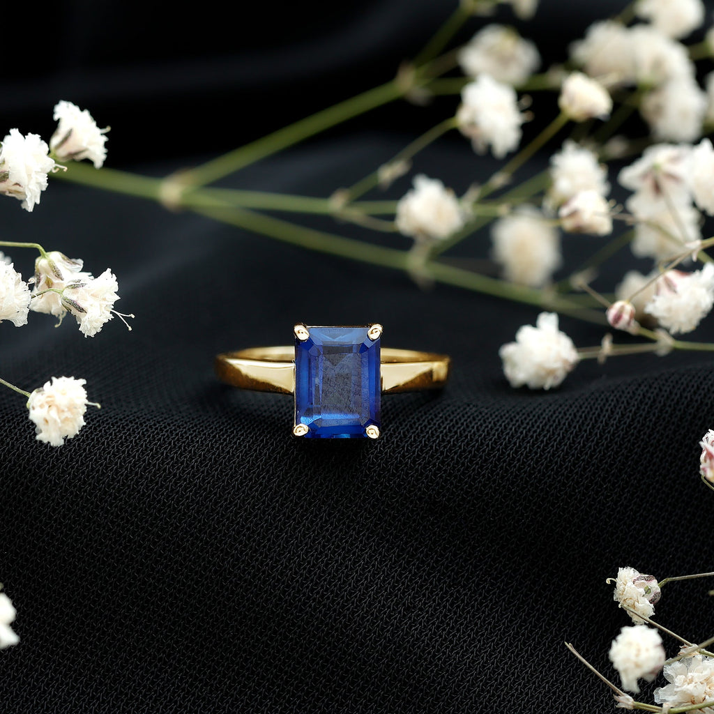 6X8 mm Emerald Cut Lab Created Blue Sapphire Solitaire Engagement Ring