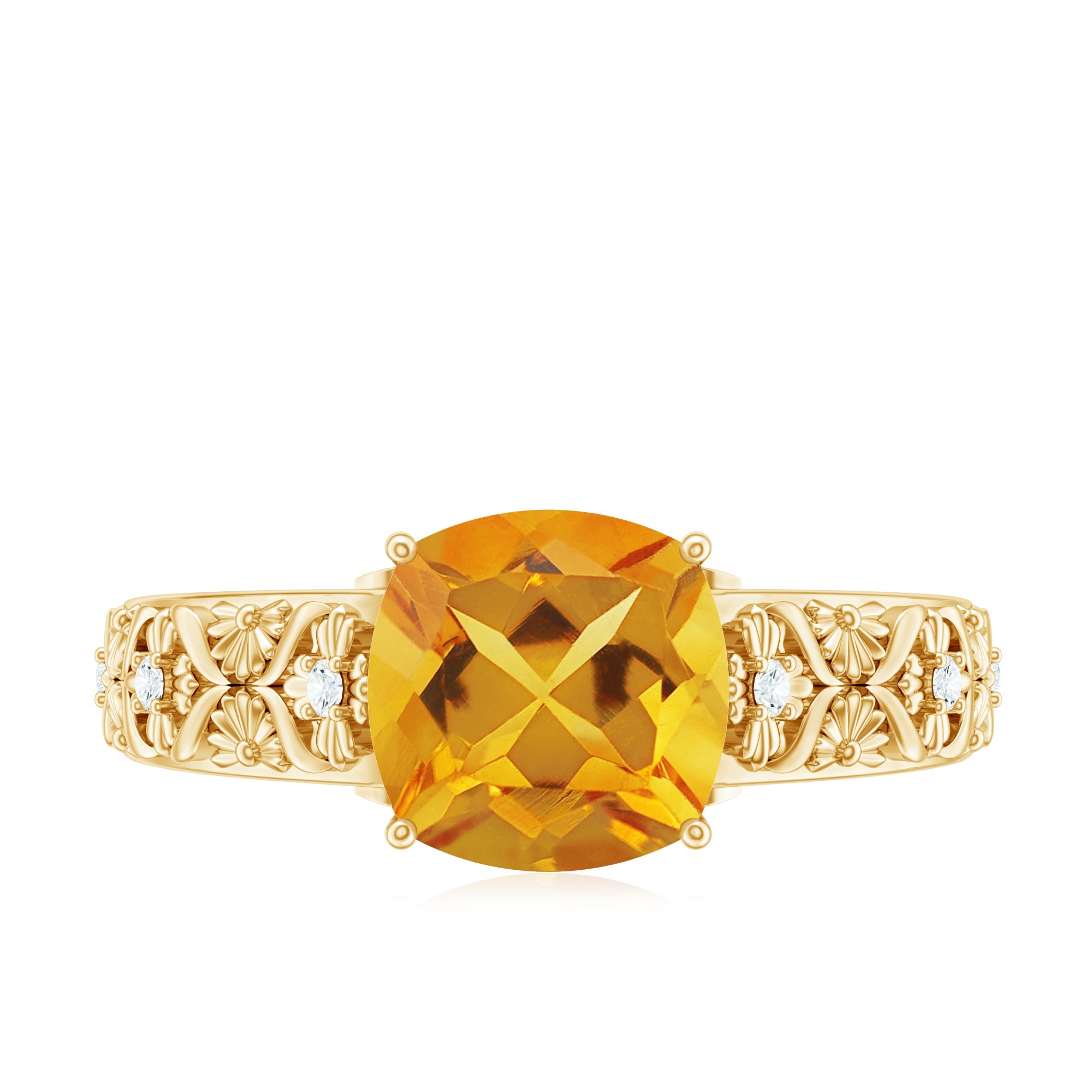 Vintage Style 8mm Citrine Cushion Cut Engagement Ring with Diamond