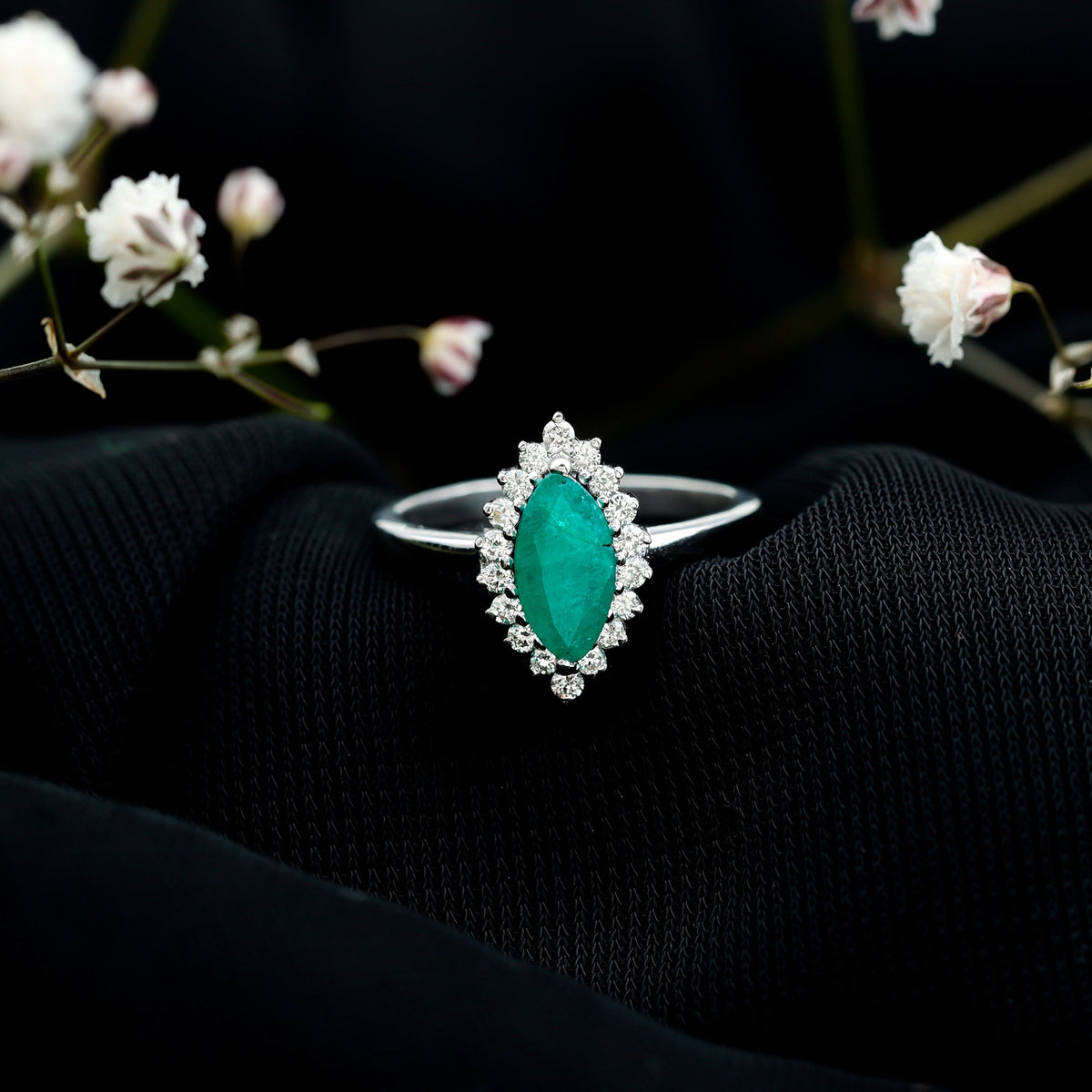 Elongated Marquise Cut Emerald Engagement Ring with Diamond Halo