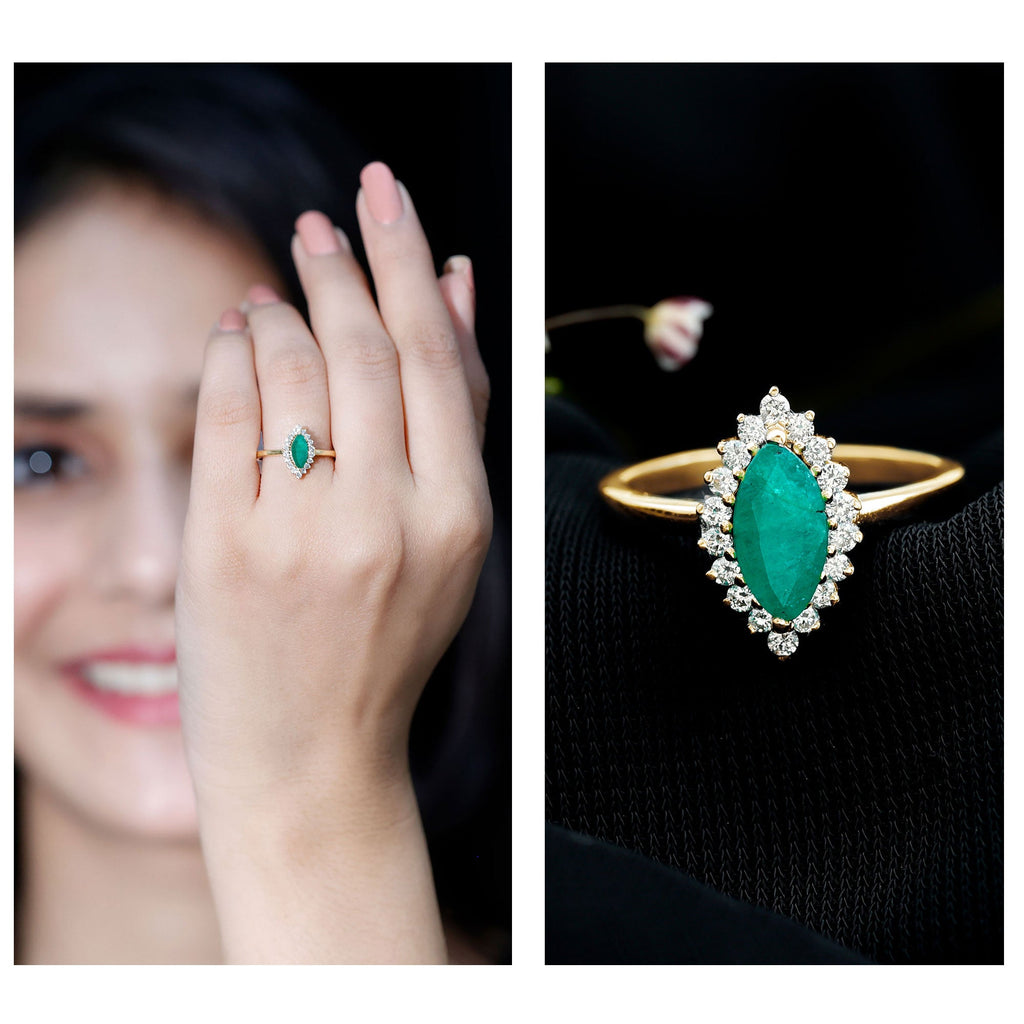 Elongated Marquise Cut Emerald Engagement Ring with Diamond Halo