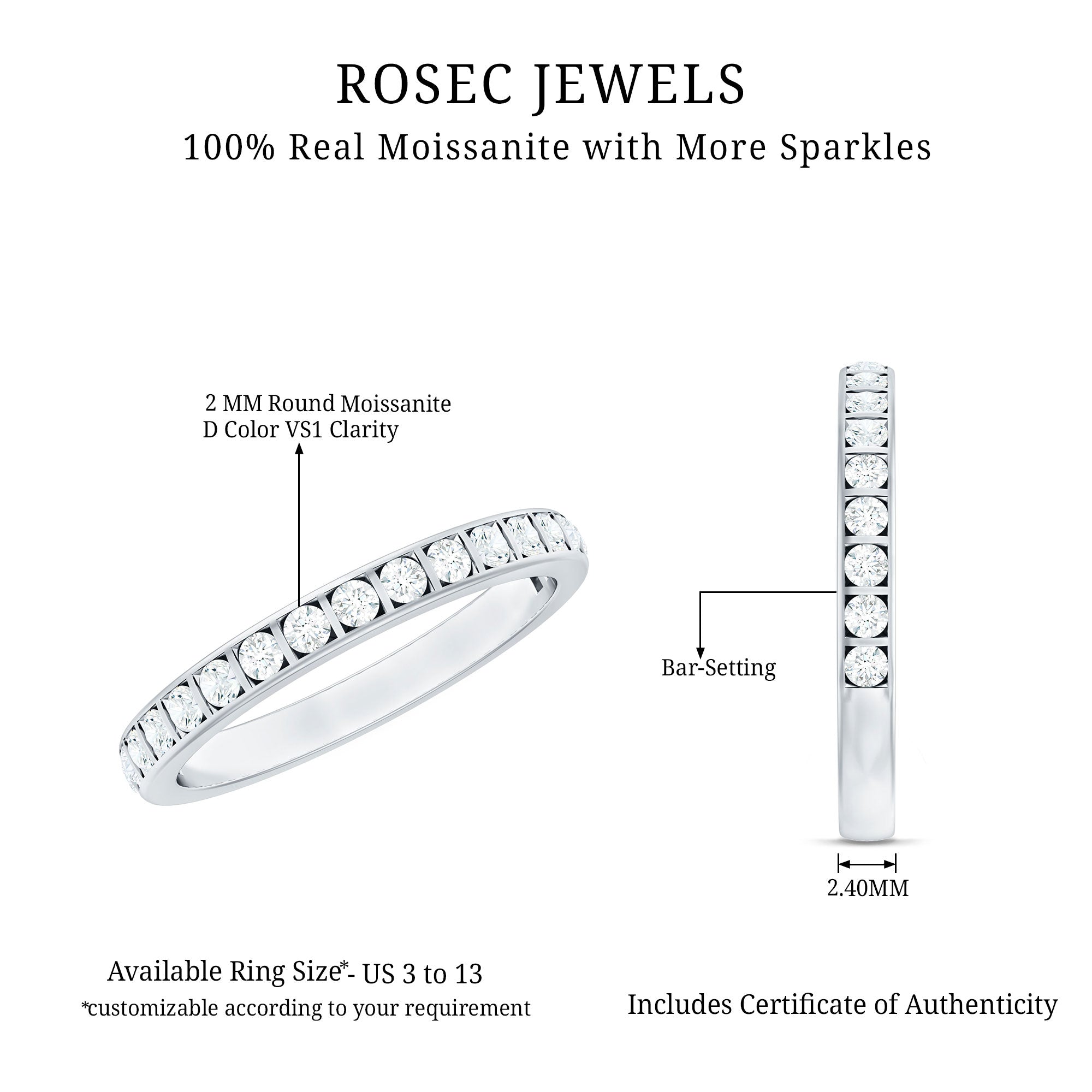 Bar Set Moissanite Half Eternity Band For Women