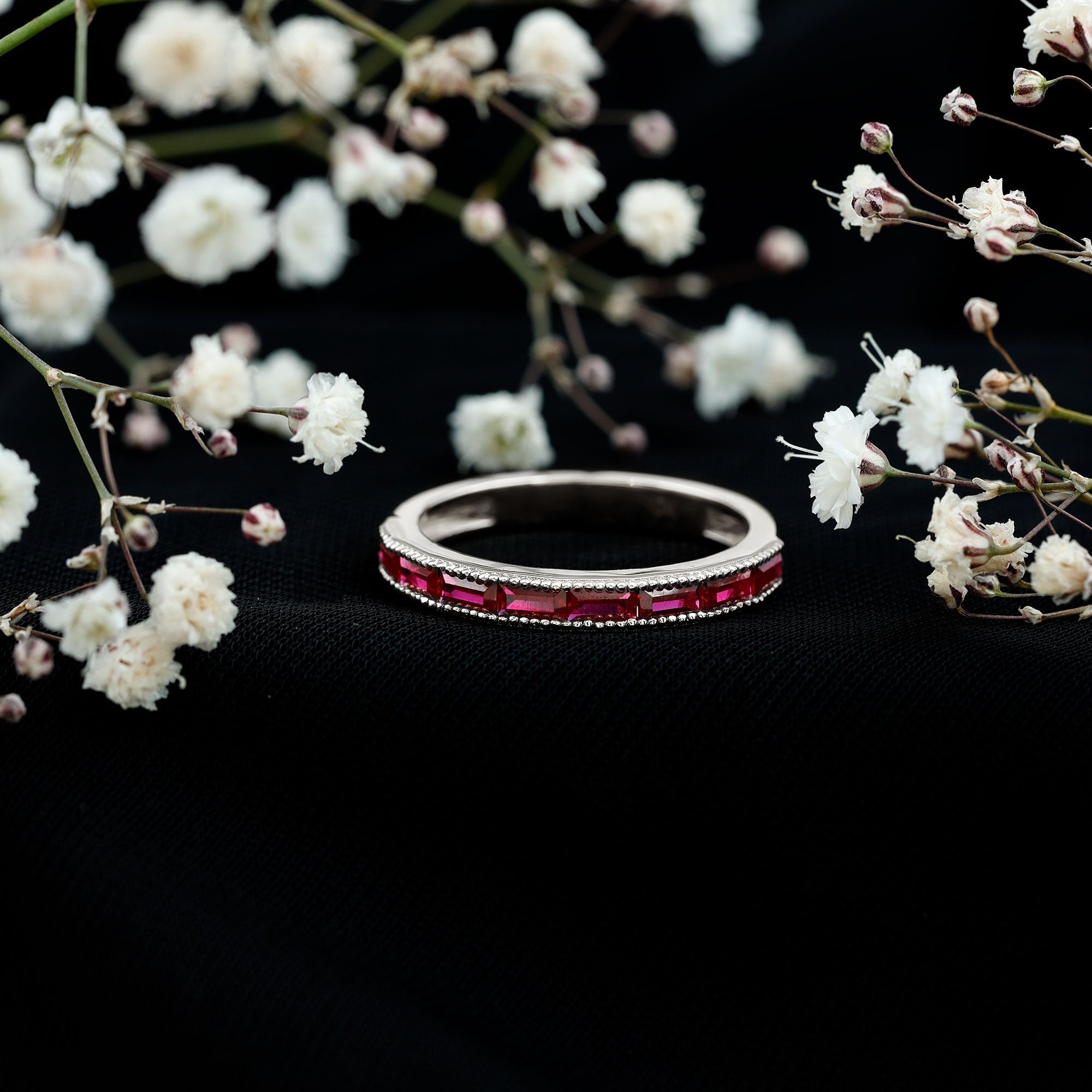 Minimalist Baguette Cut Lab Created Ruby Eternity Ring in Channel Setting