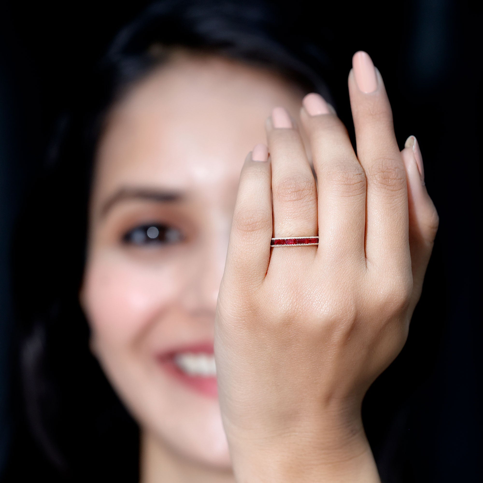 Minimalist Baguette Cut Lab Created Ruby Eternity Ring in Channel Setting