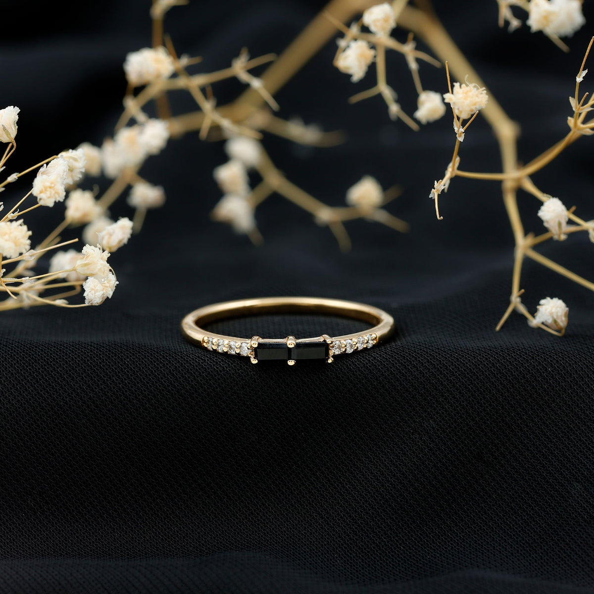 Natural Black Onyx and Diamond Stackable Ring