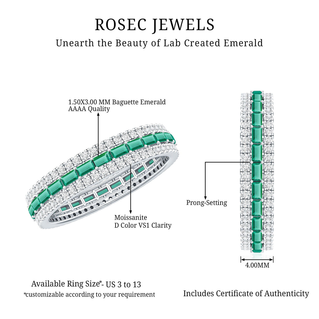Baguette Cut Lab Grown Emerald and Moissanite Wedding Band
