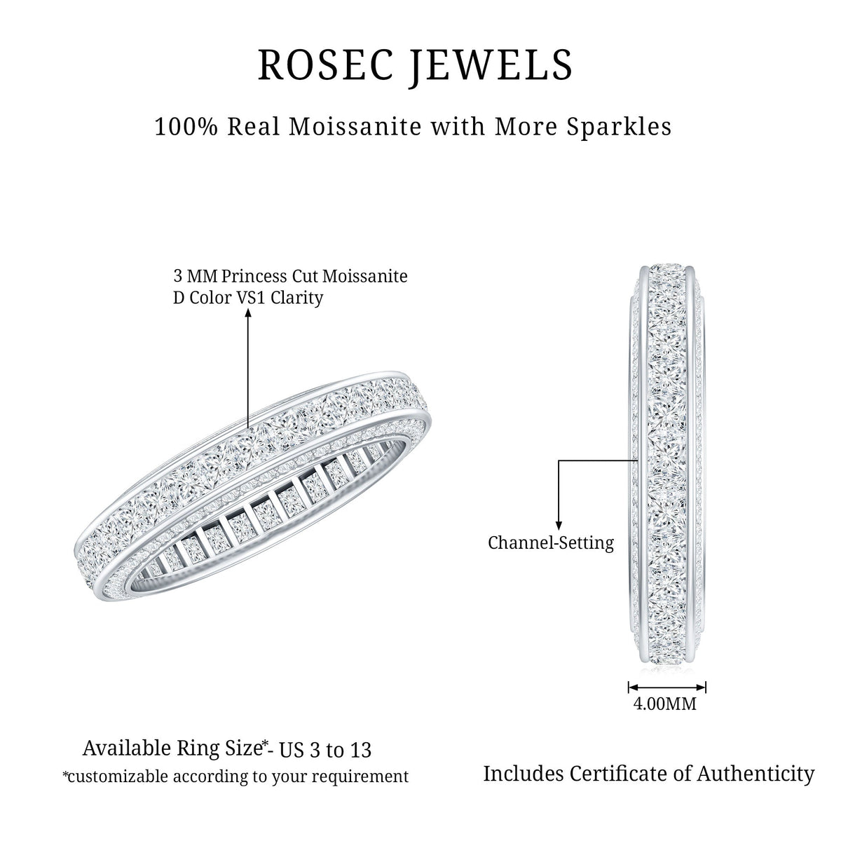 Channel Set Moissanite Princess Cut Wedding Band
