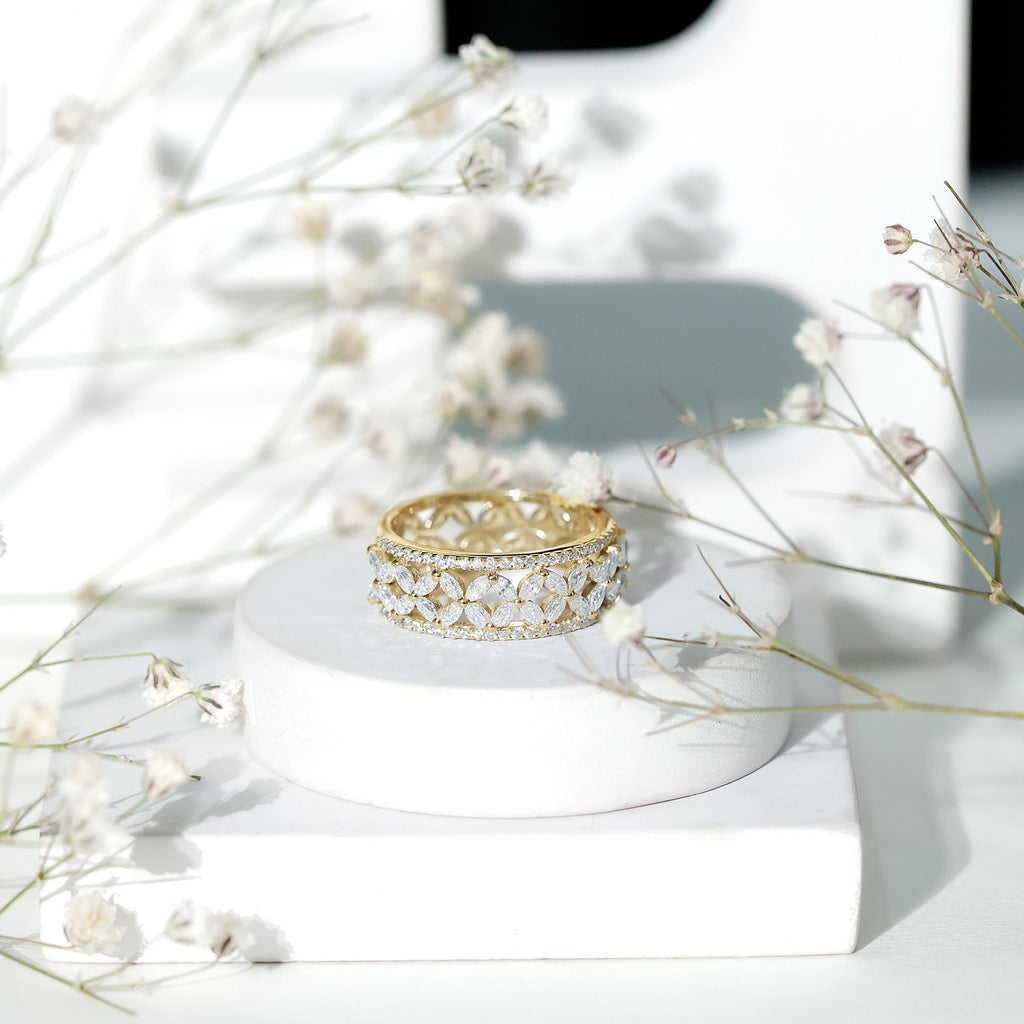 Certified Moissanite Flower Wedding Band for Women