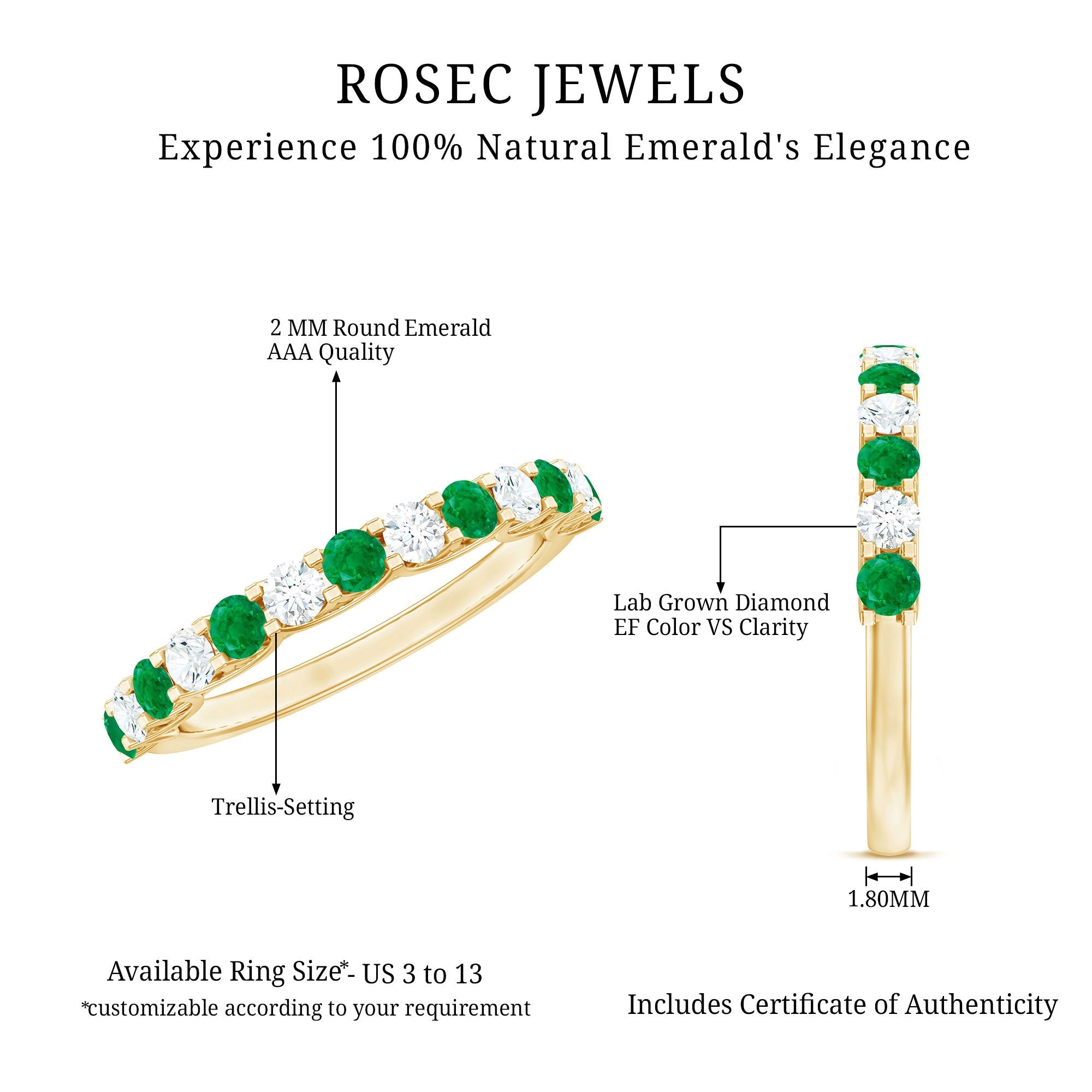 Trellis Set Round Emerald and Diamond Half Eternity Ring