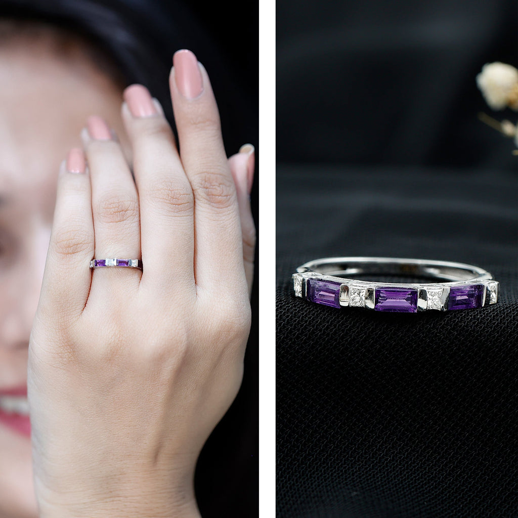 Natural Baguette Amethyst Promise Ring with Diamond for Women