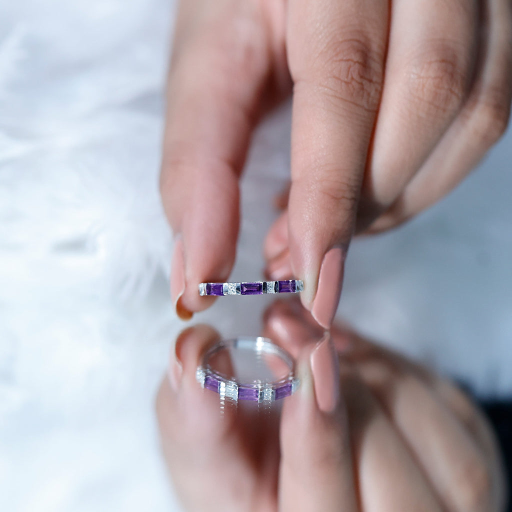 Natural Baguette Amethyst Promise Ring with Diamond for Women