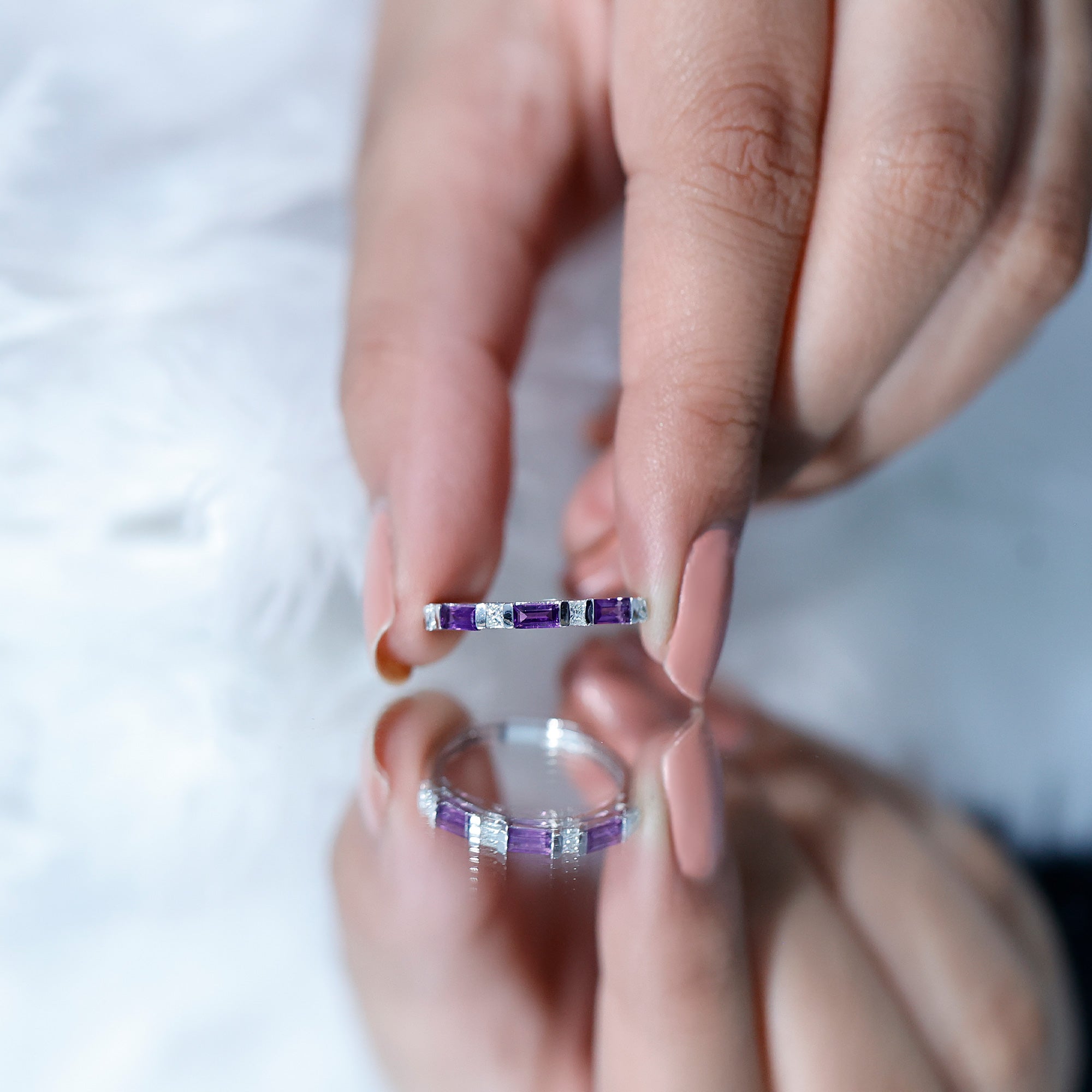 Natural Baguette Amethyst Promise Ring with Diamond for Women