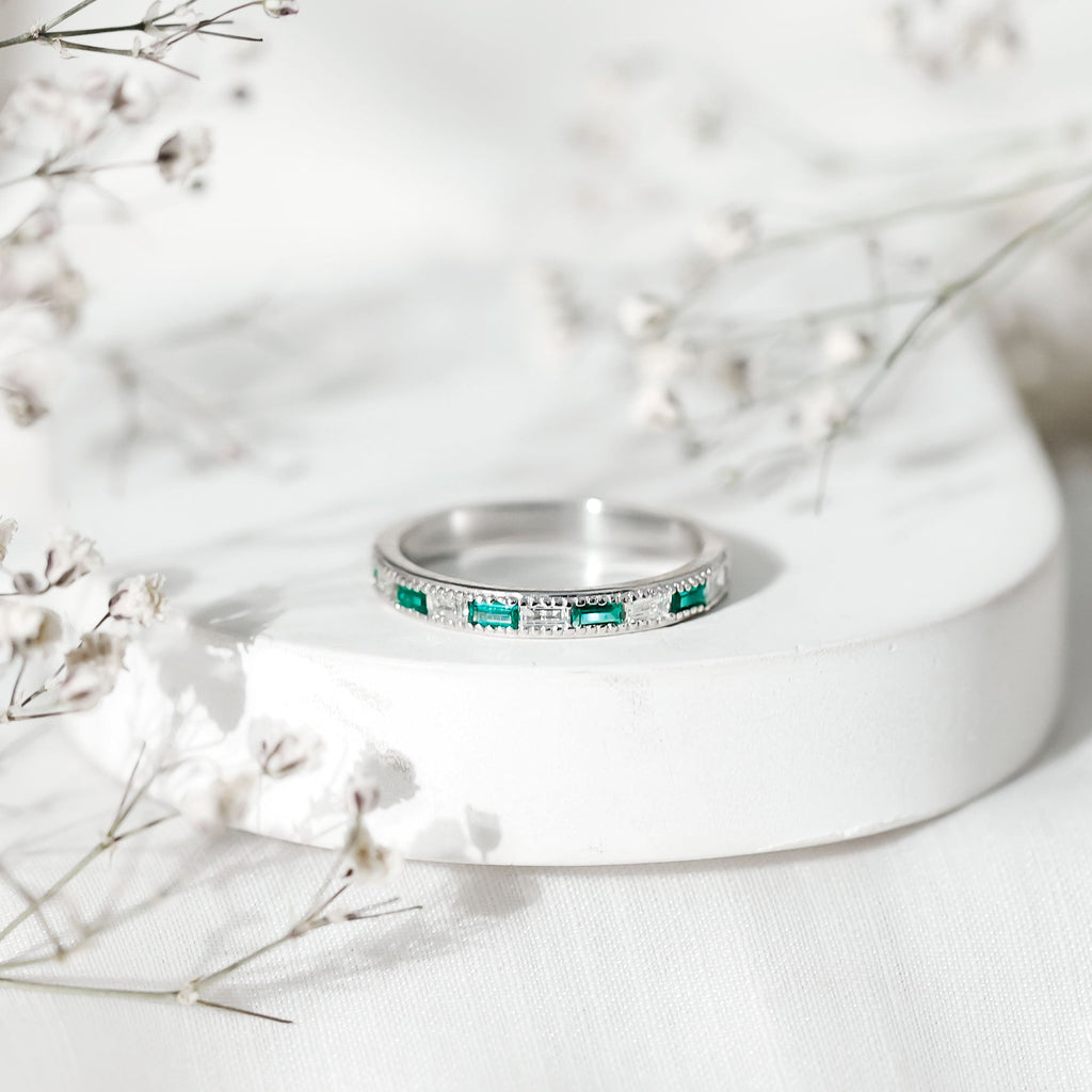 Baguette Cut Lab Grown Emerald and Diamond Band Ring