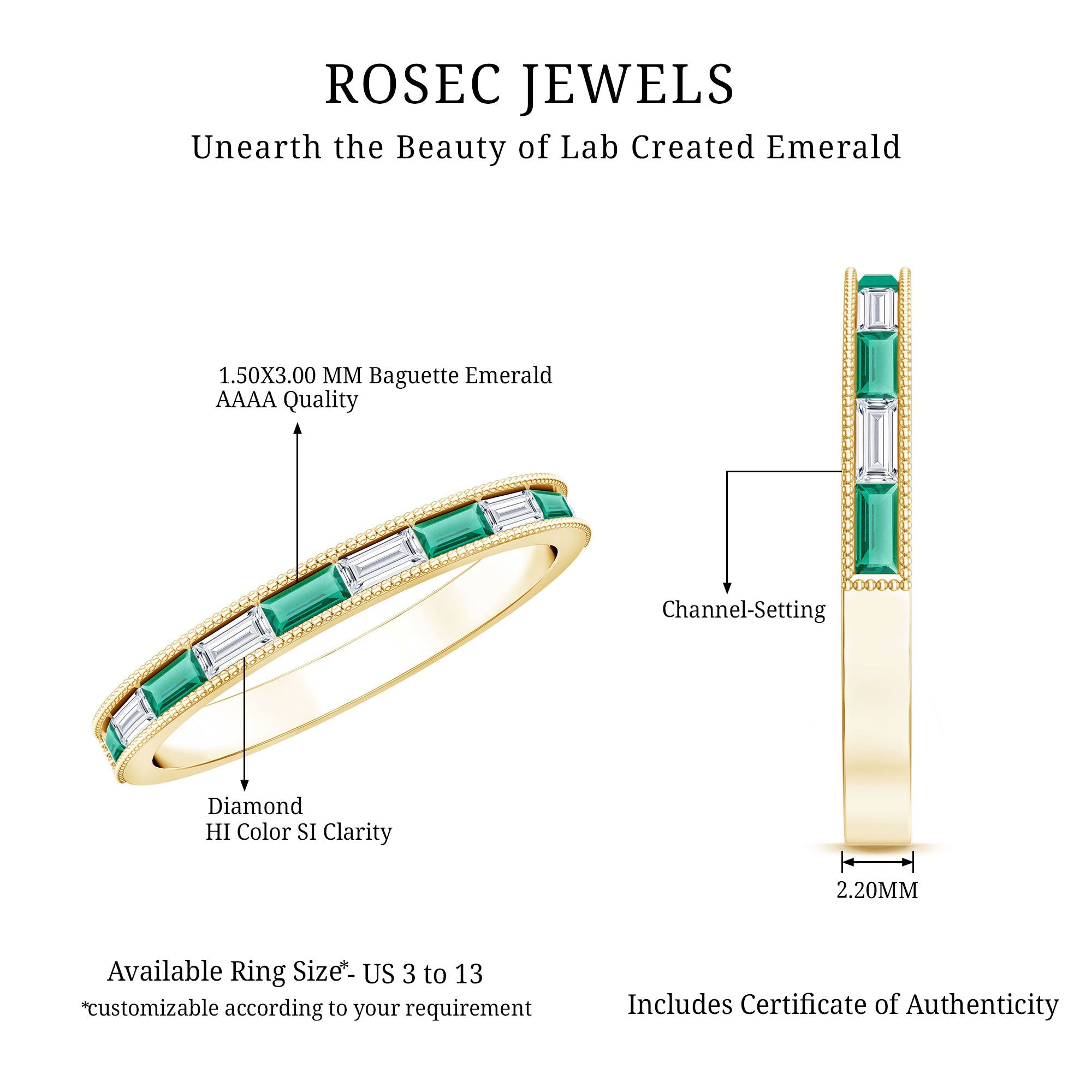 Baguette Cut Lab Grown Emerald and Diamond Band Ring