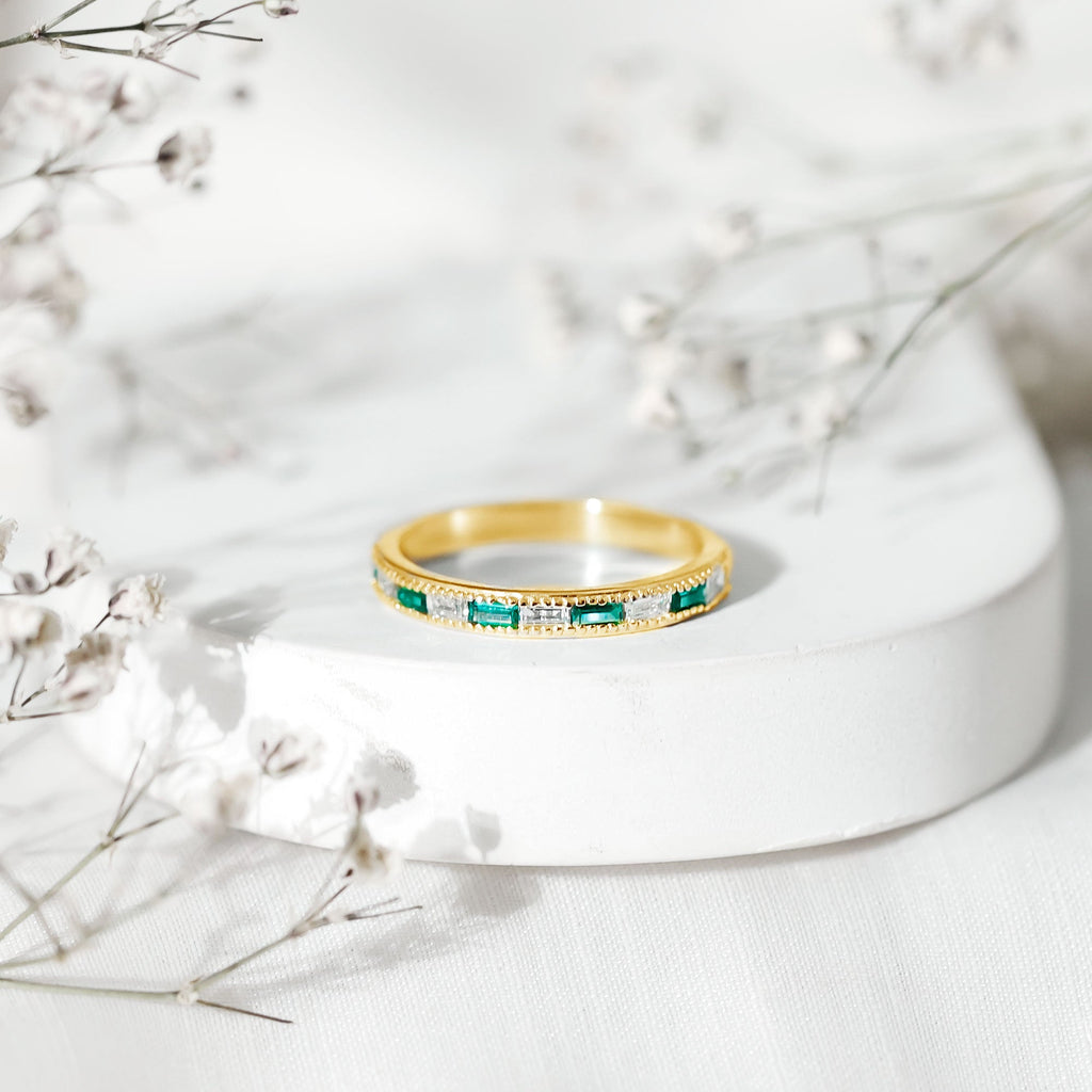 Baguette Cut Lab Grown Emerald and Diamond Band Ring