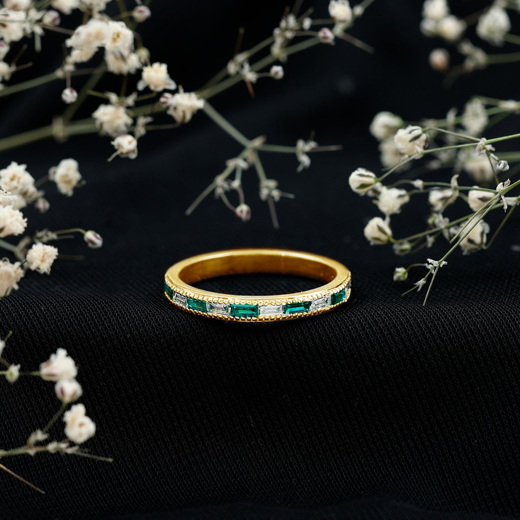 Baguette Cut Lab Grown Emerald and Diamond Band Ring