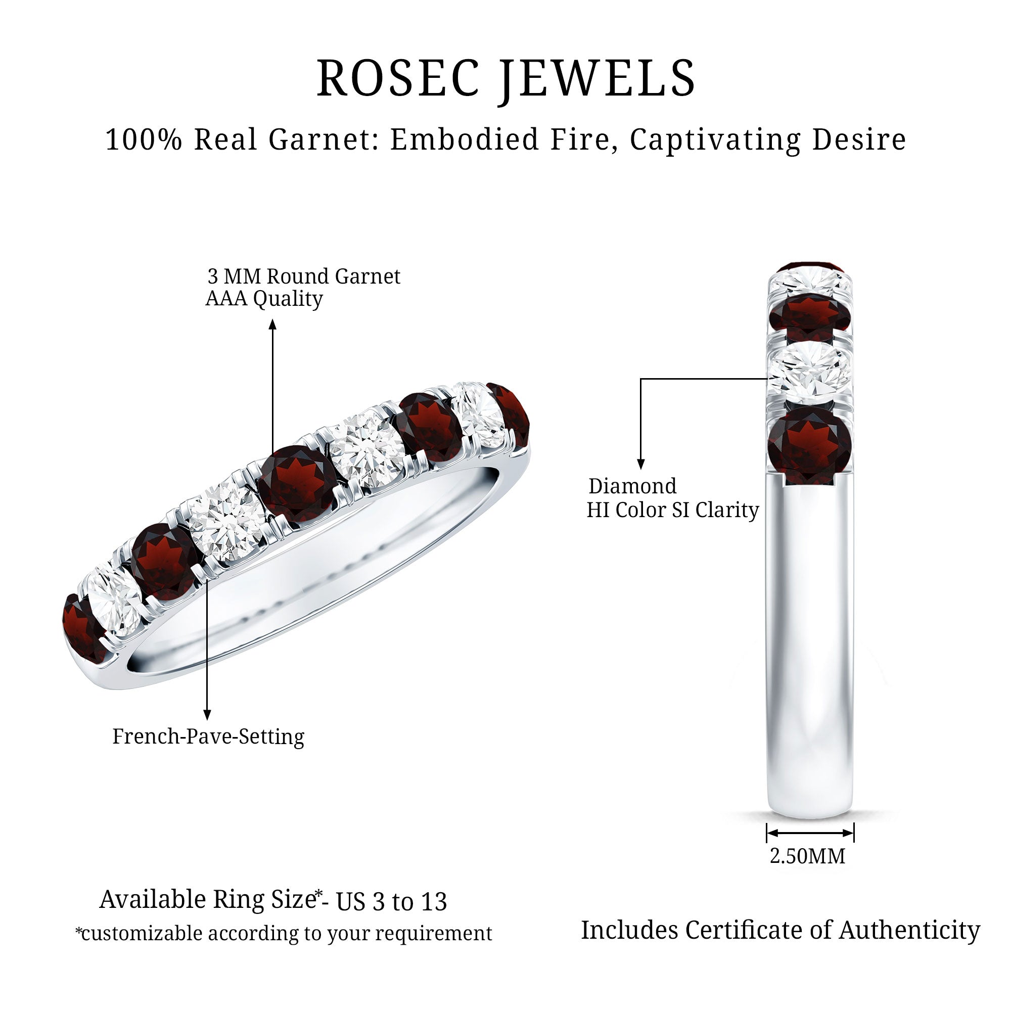 Genuine Garnet Diamond Half Eternity Wedding Ring
