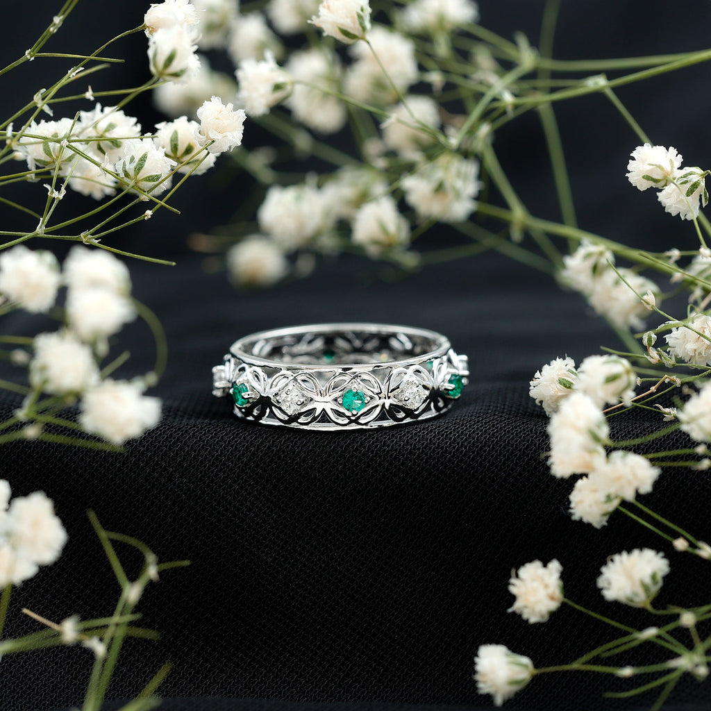 Lab Emerald and Diamond Vintage Wedding Band Ring