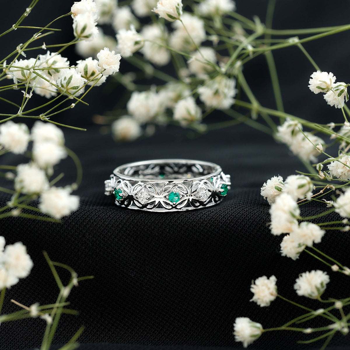Lab Emerald and Diamond Vintage Wedding Band Ring