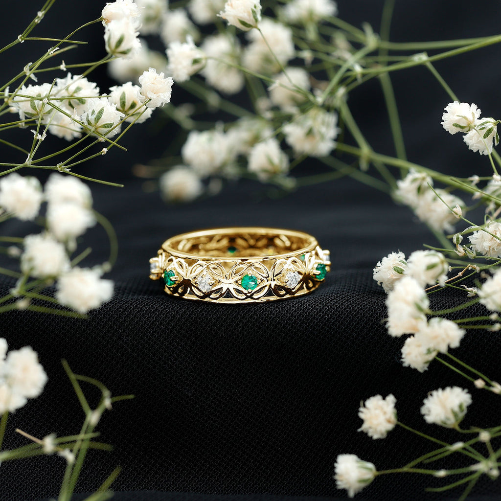 Lab Emerald and Diamond Vintage Wedding Band Ring