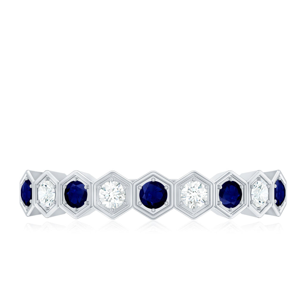 Art Deco Inspired Blue Sapphire and Diamond Geometric Half Eternity Ring