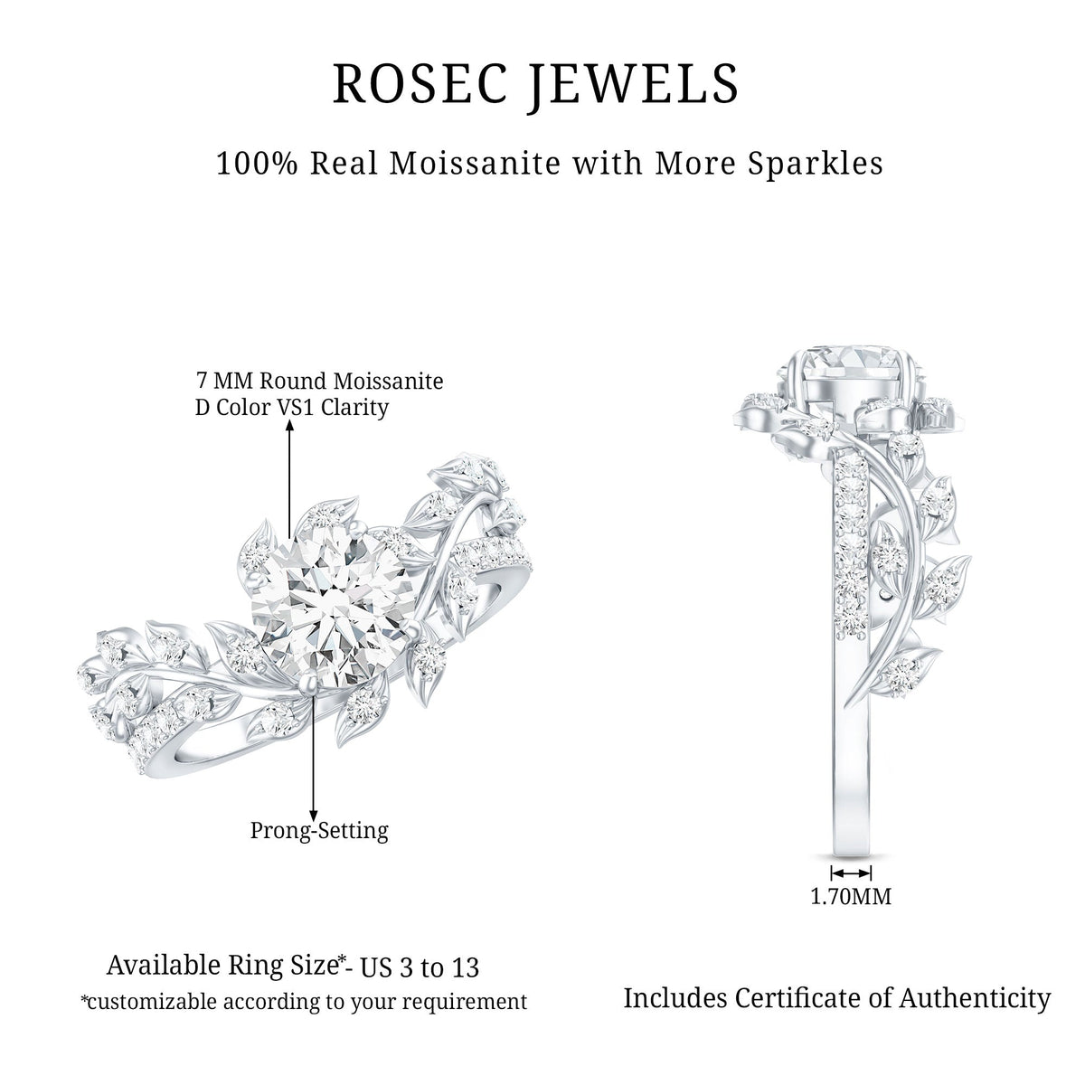 1.3 Carat Round Cut Moissanite Vine Engagement Ring for Women